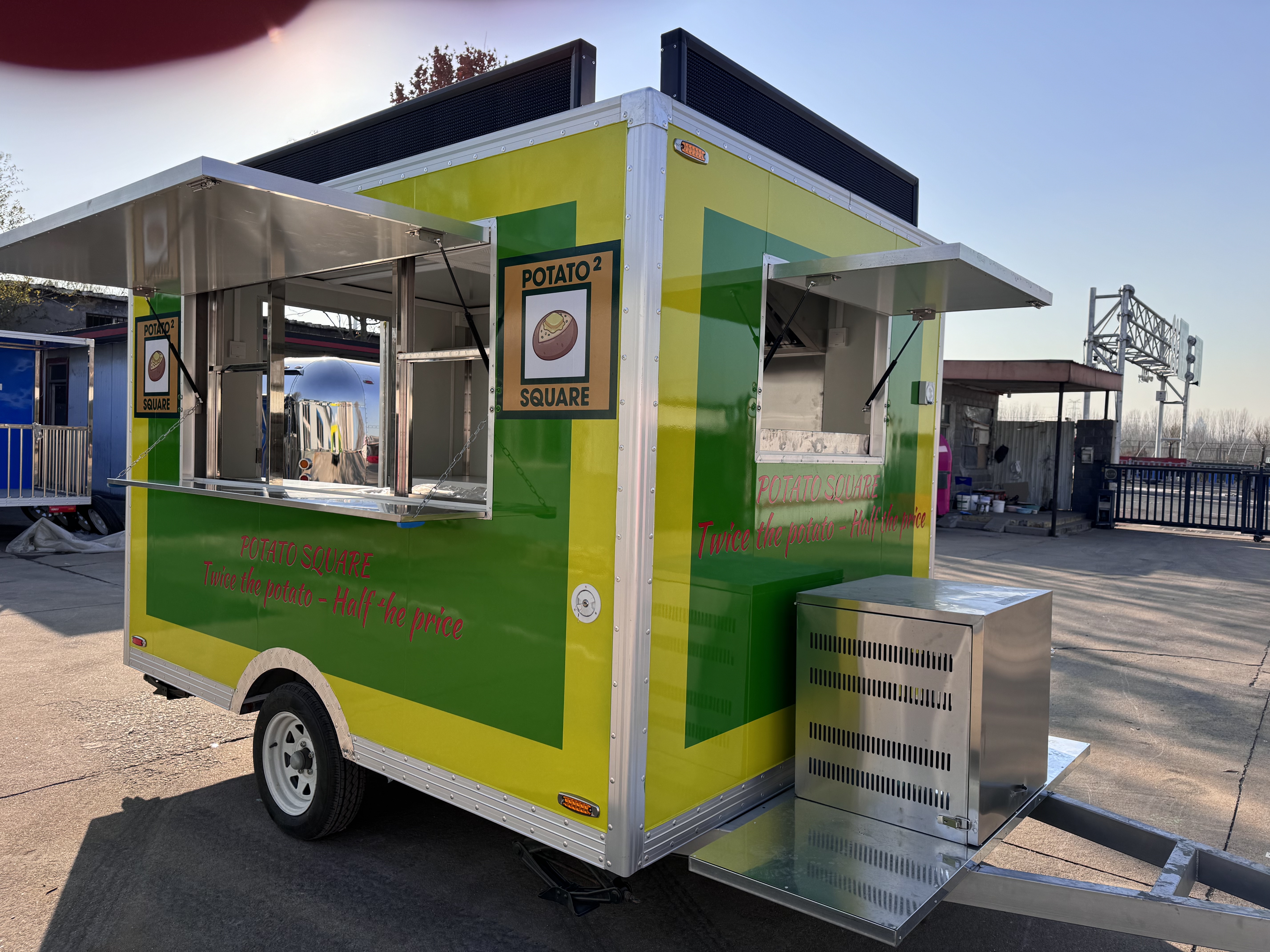 Creative yellow and green potato-themed food truck, embark on a delicious mobile journey