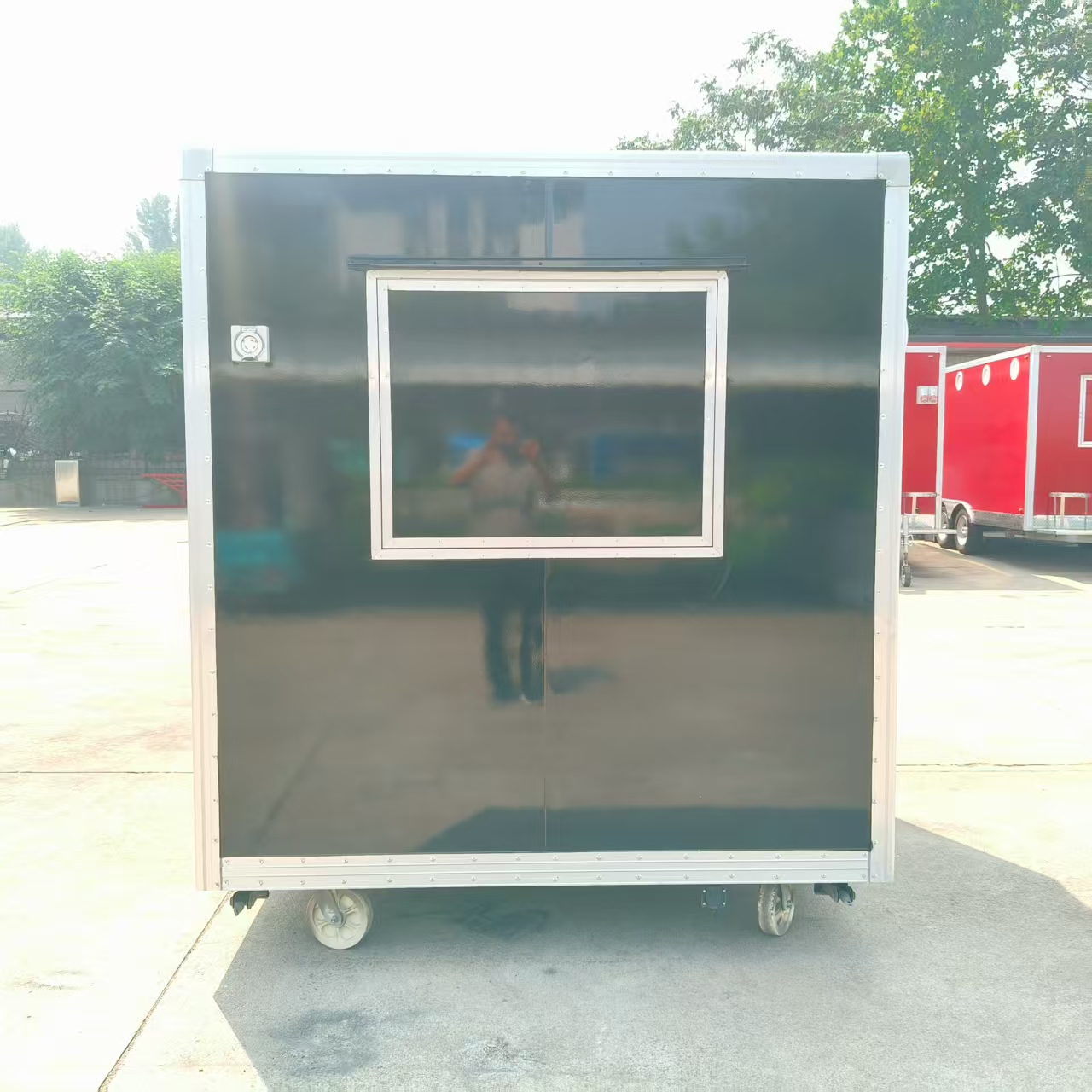 Black multi-functional mobile vending cart with window, outdoor food cart, mobile snack business cart