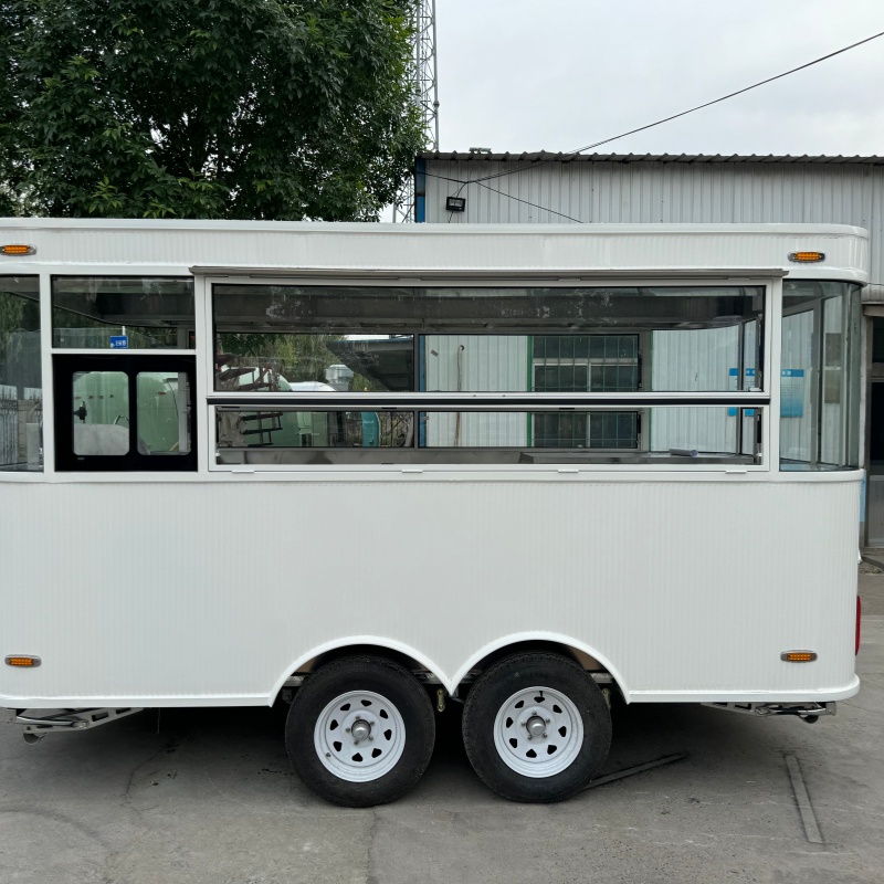 White fashionable mobile food truck, outdoor business food truck, convenient catering vehicle