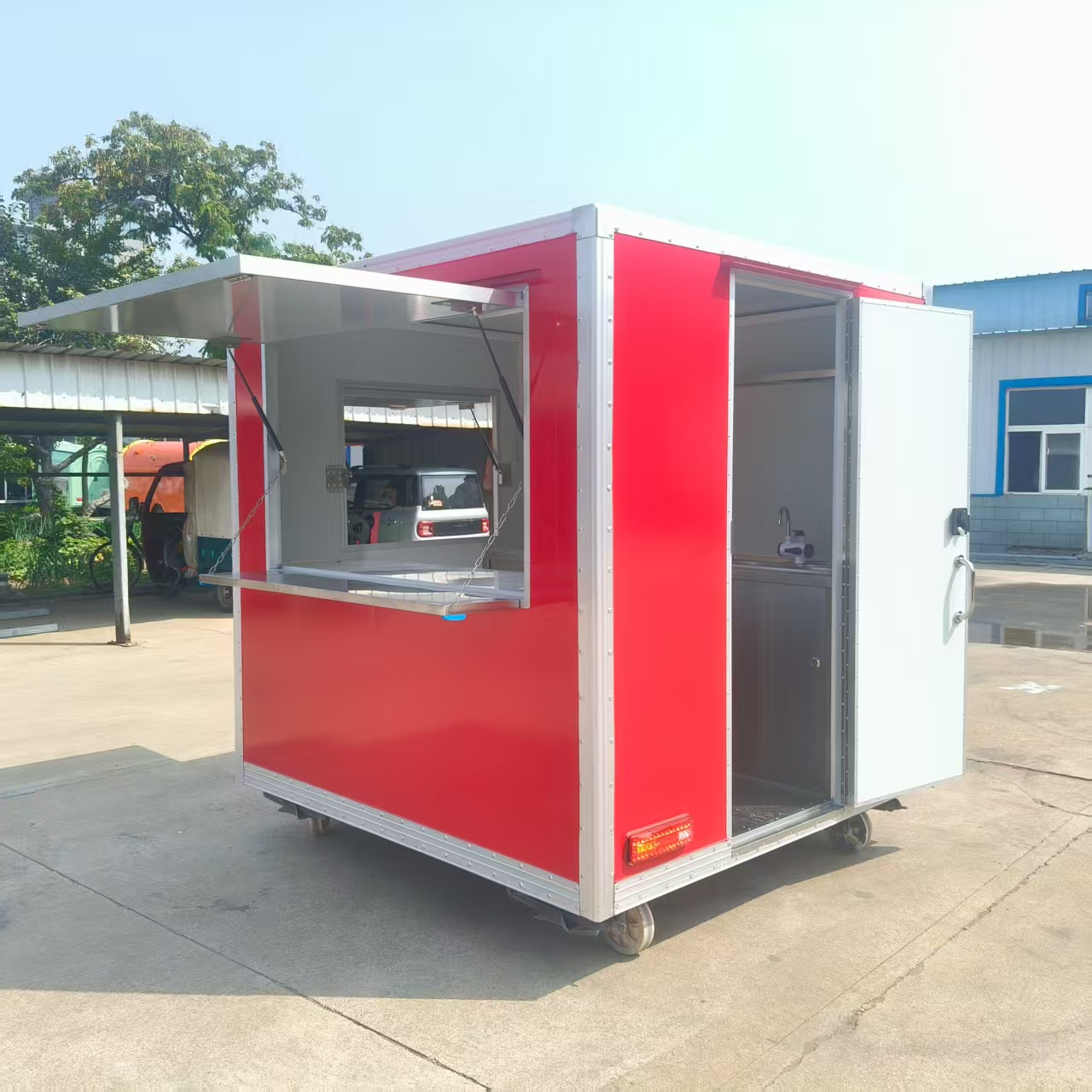 Red multi-functional mobile food truck with window, outdoor snack cart, mobile food vending cart