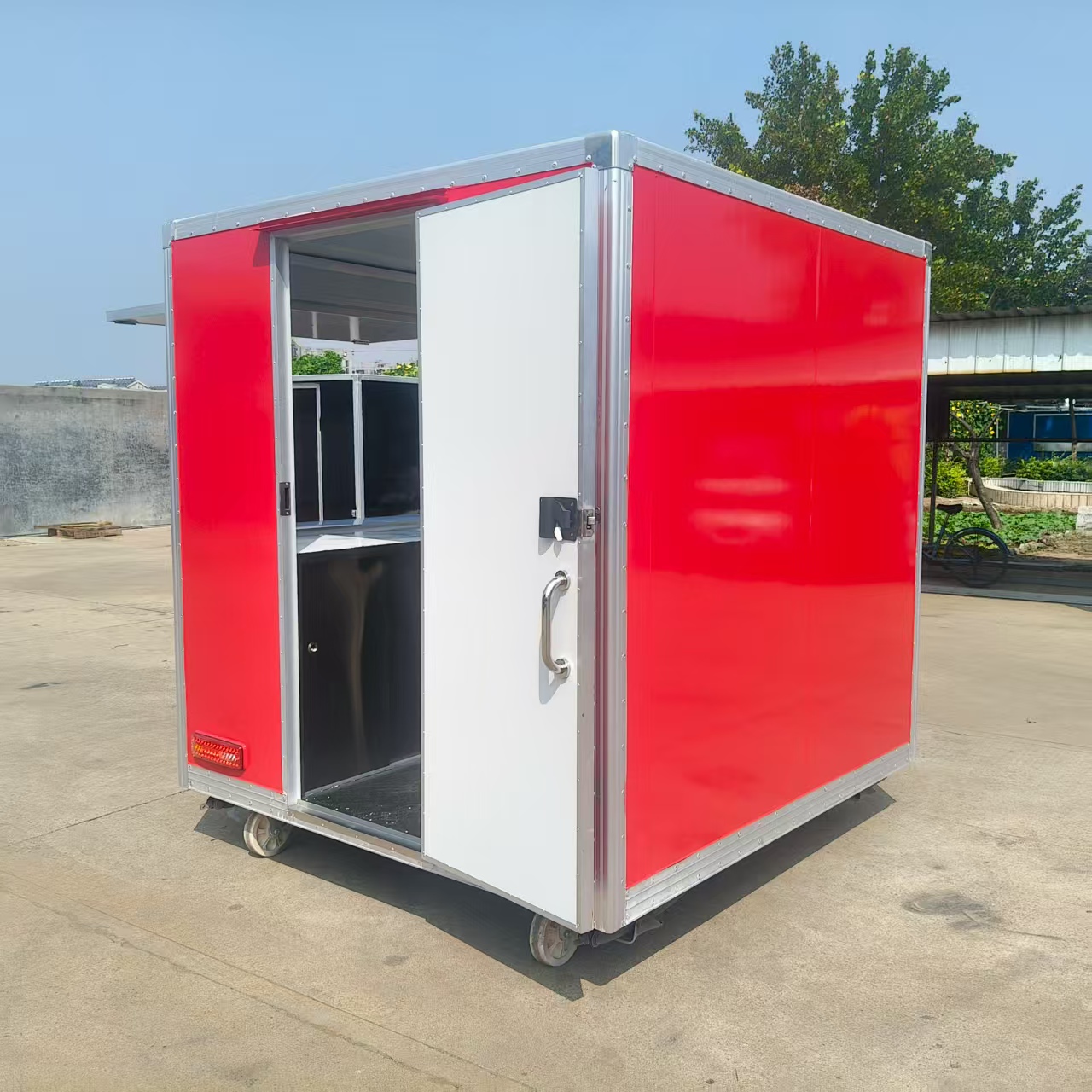 Red multi-functional mobile food truck with window, outdoor snack cart, mobile food vending cart