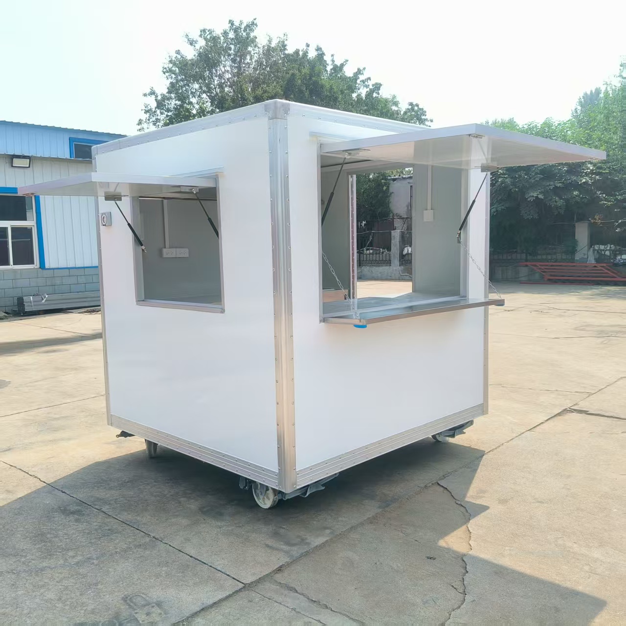 White multi-functional mobile vending cart with window, outdoor food cart and mobile snack business cart