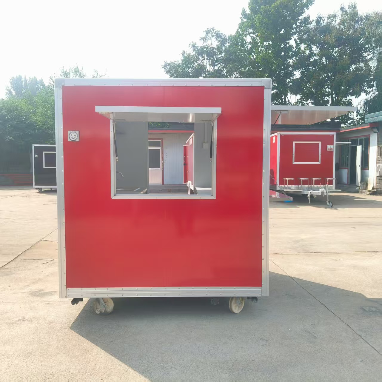 Red multi-functional mobile food truck with window, outdoor snack cart, mobile food vending cart
