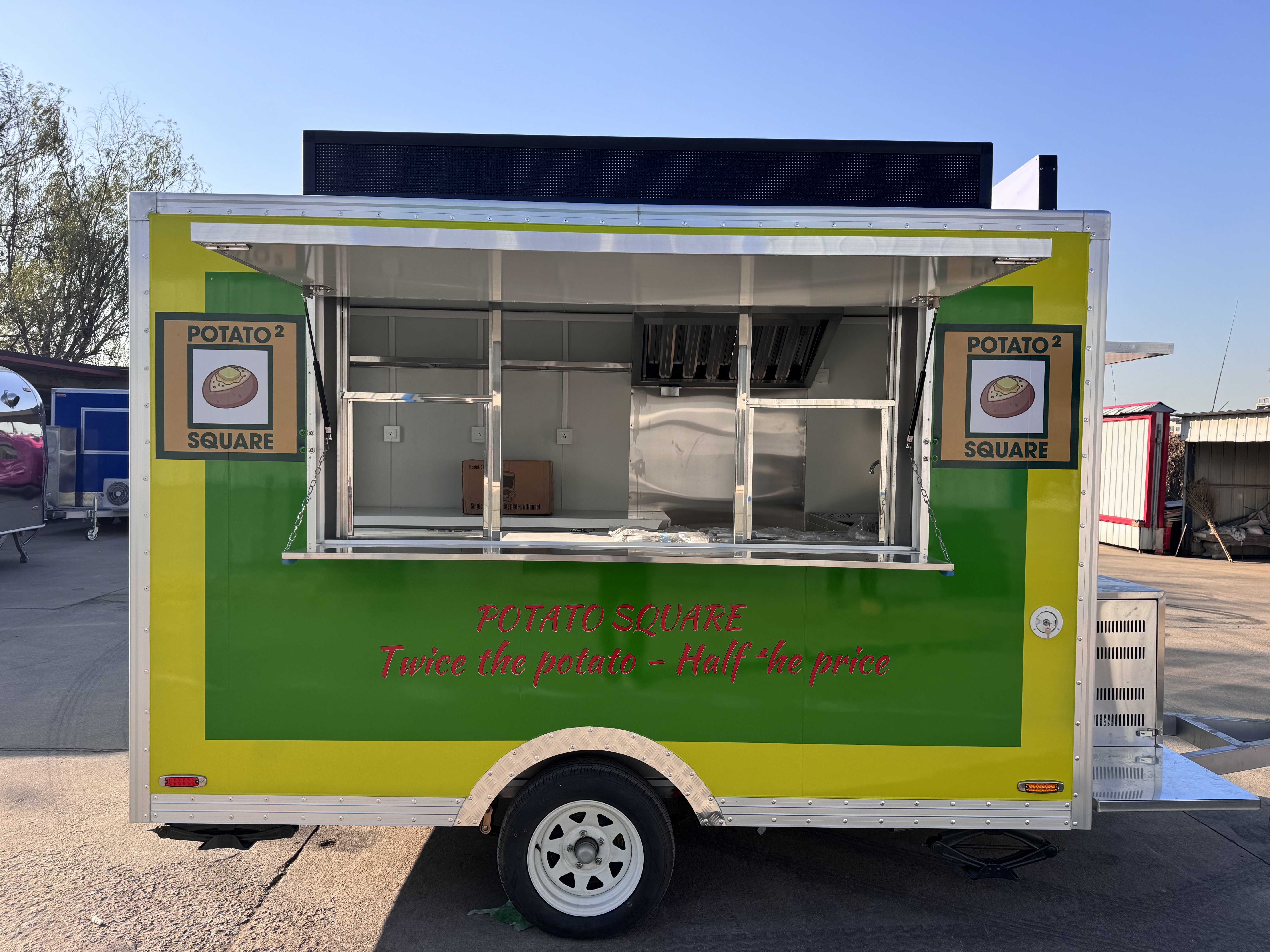 Creative yellow and green potato-themed food truck, embark on a delicious mobile journey