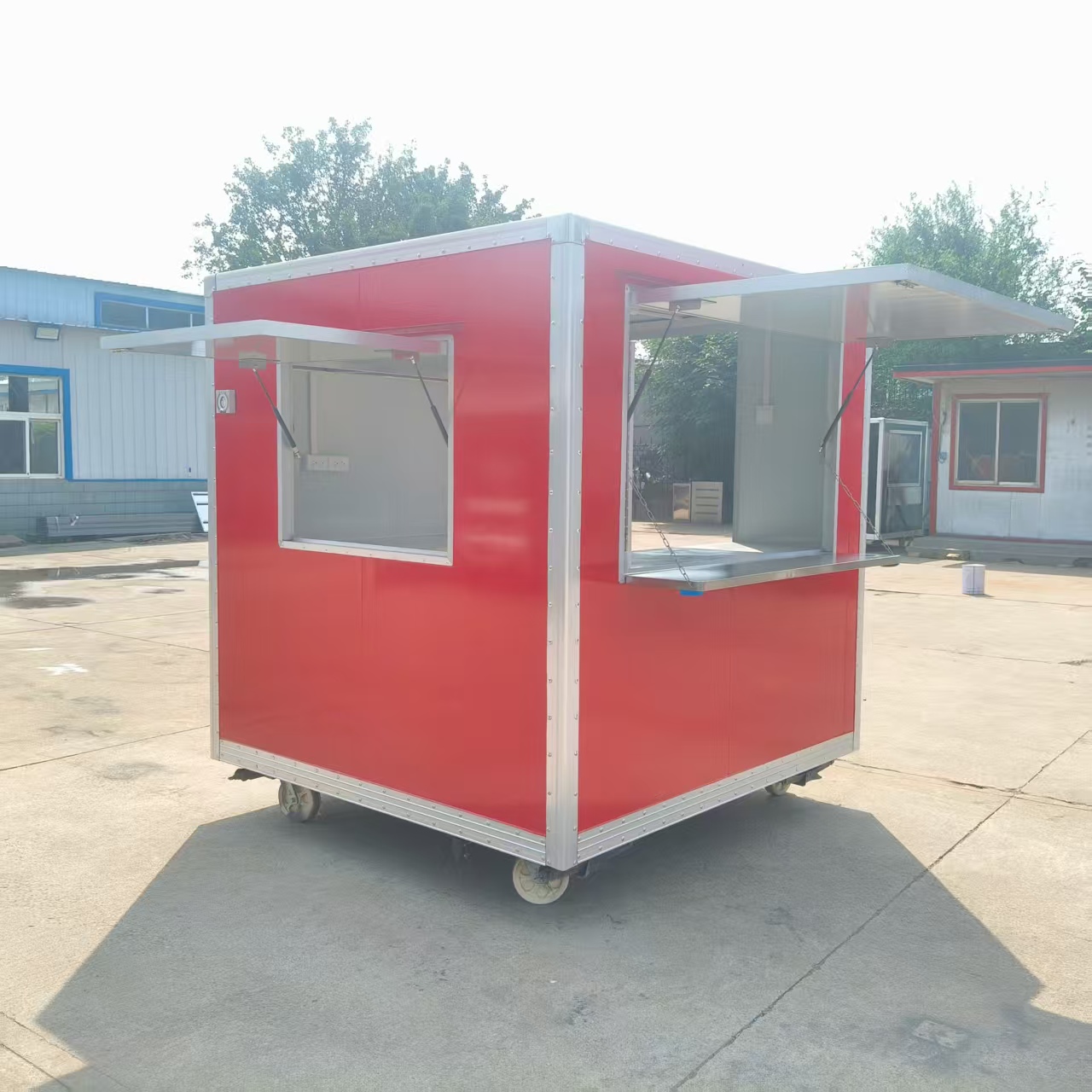 Red multi-functional mobile food truck with window, outdoor snack cart, mobile food vending cart