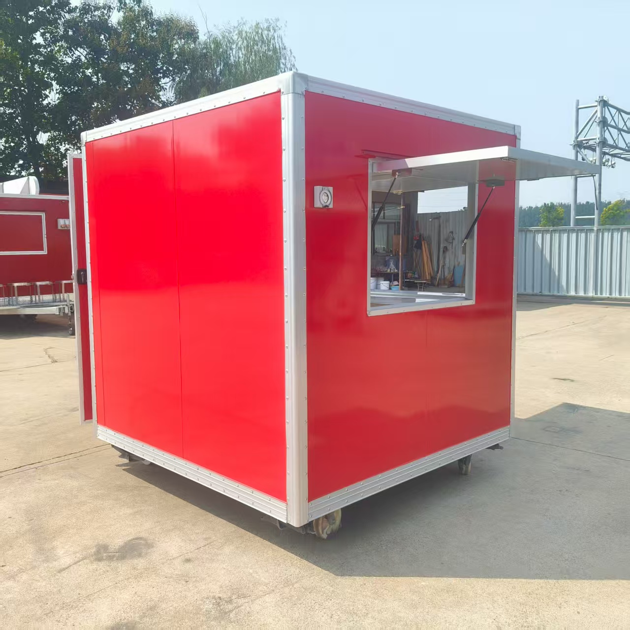 Red multi-functional mobile food truck with window, outdoor snack cart, mobile food vending cart