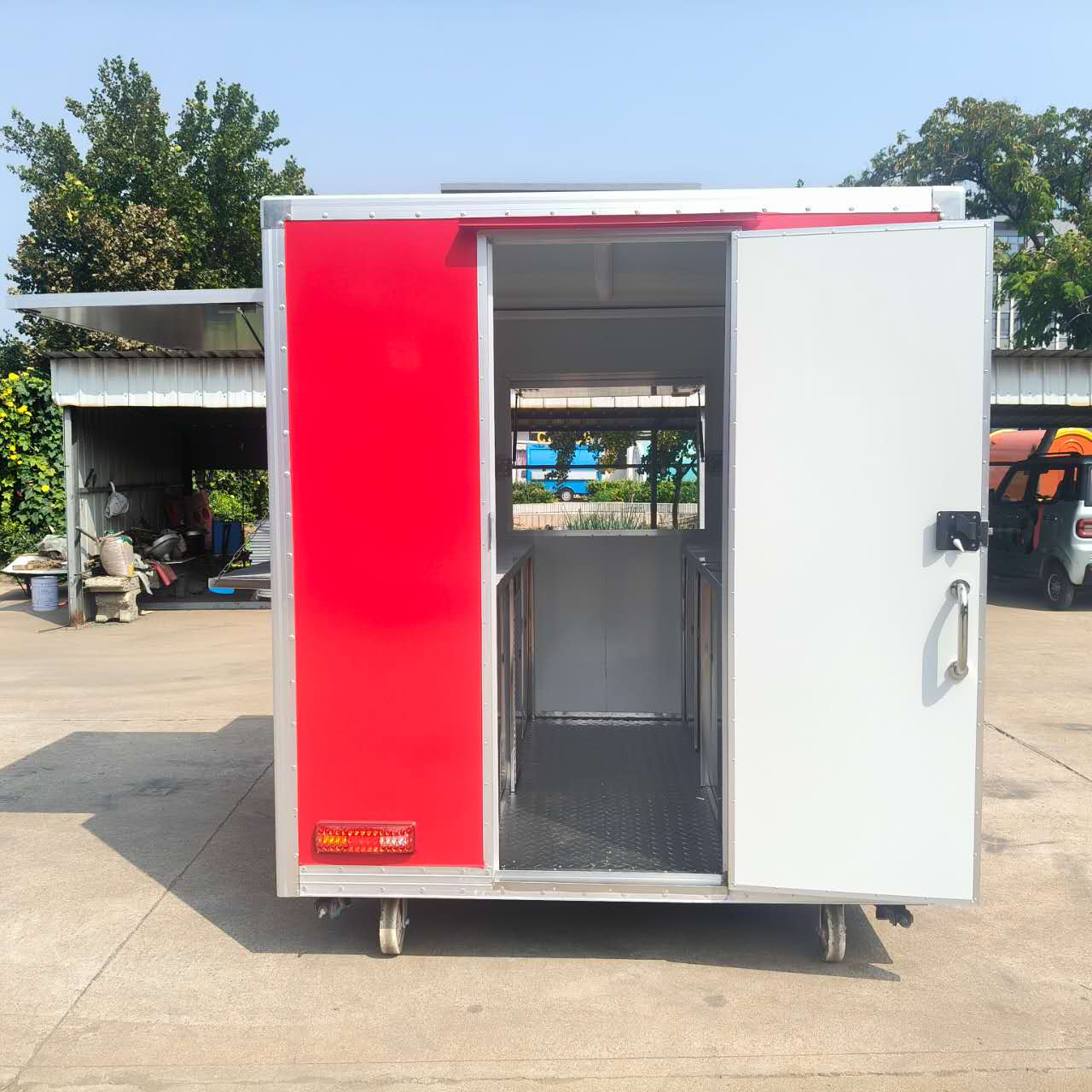 Red multi-functional mobile food truck with window, outdoor snack cart, mobile food vending cart