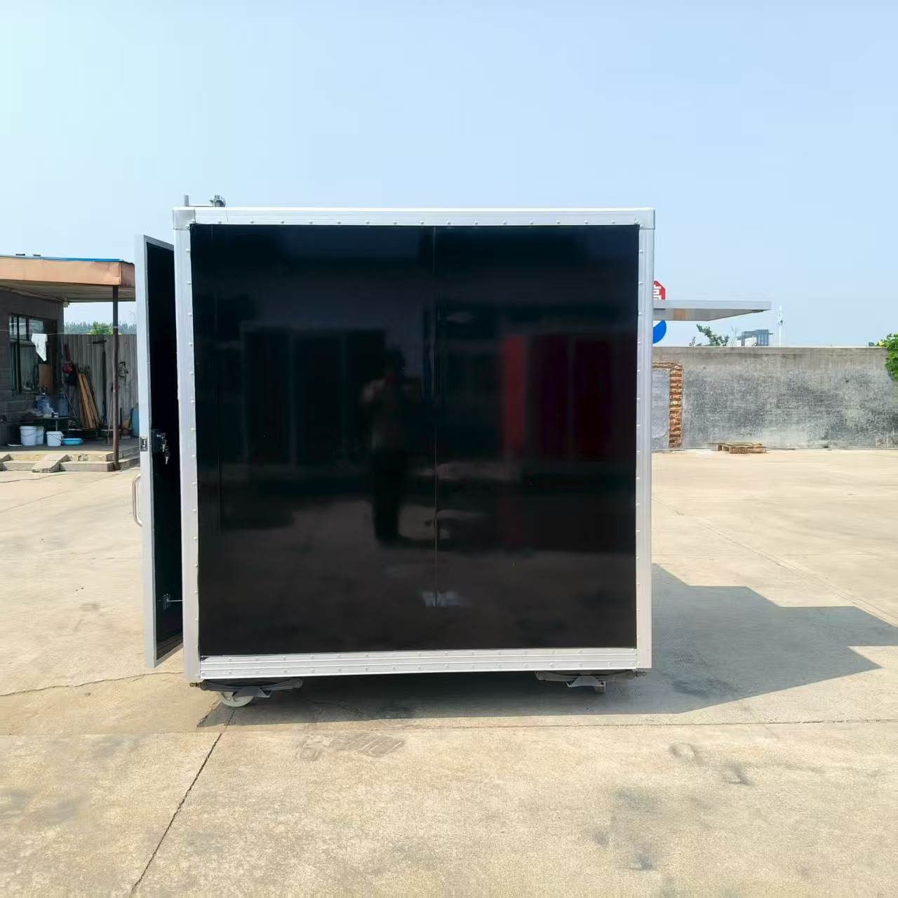 Black multi-functional mobile vending cart with window, outdoor food cart, mobile snack business cart