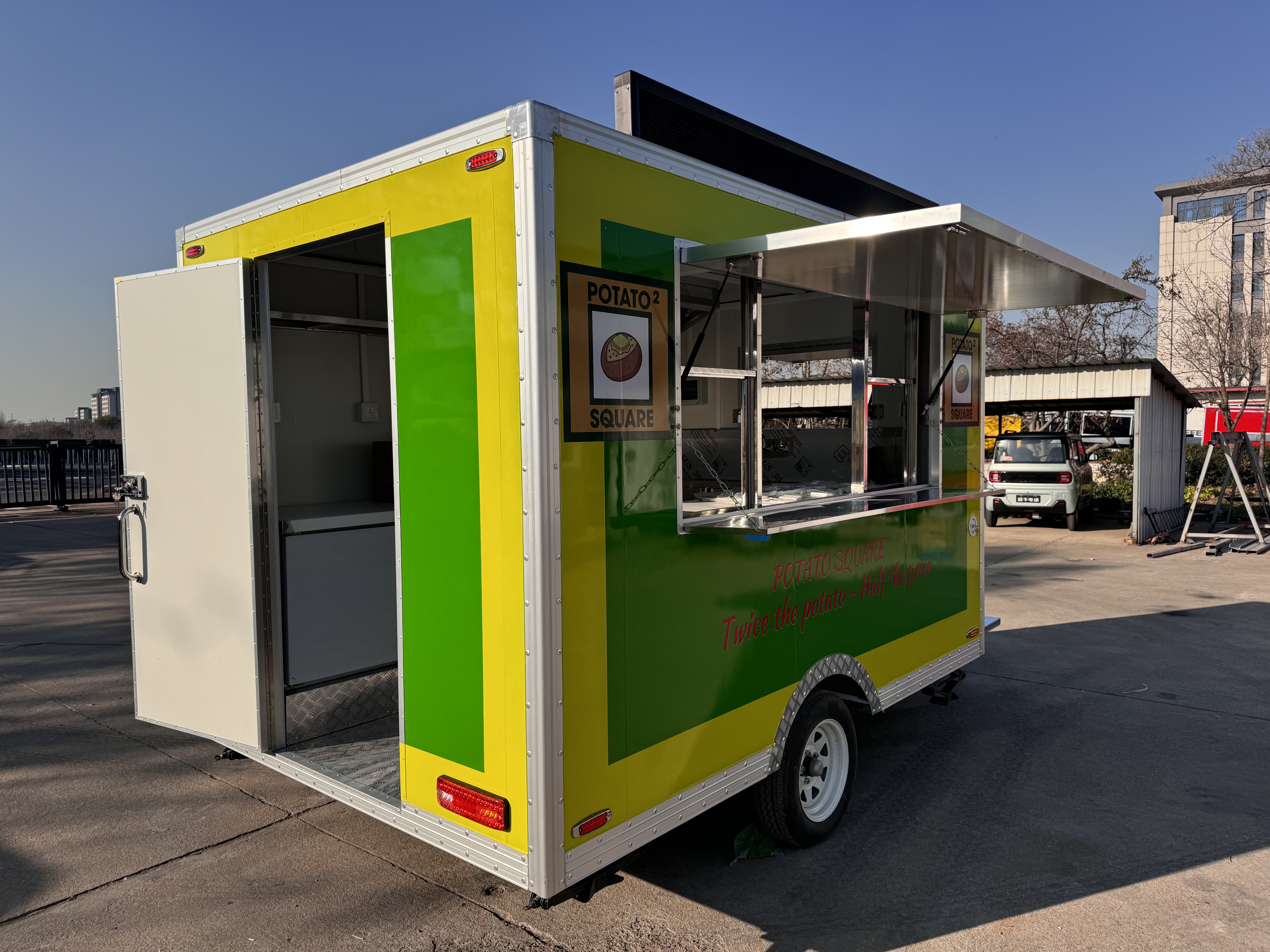 Creative yellow and green potato-themed food truck, embark on a delicious mobile journey