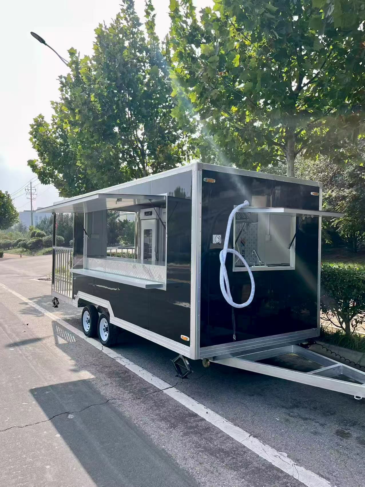 High-end black mirrored mobile food cart, multi-functional outdoor food trailer, commercial catering mobile stall