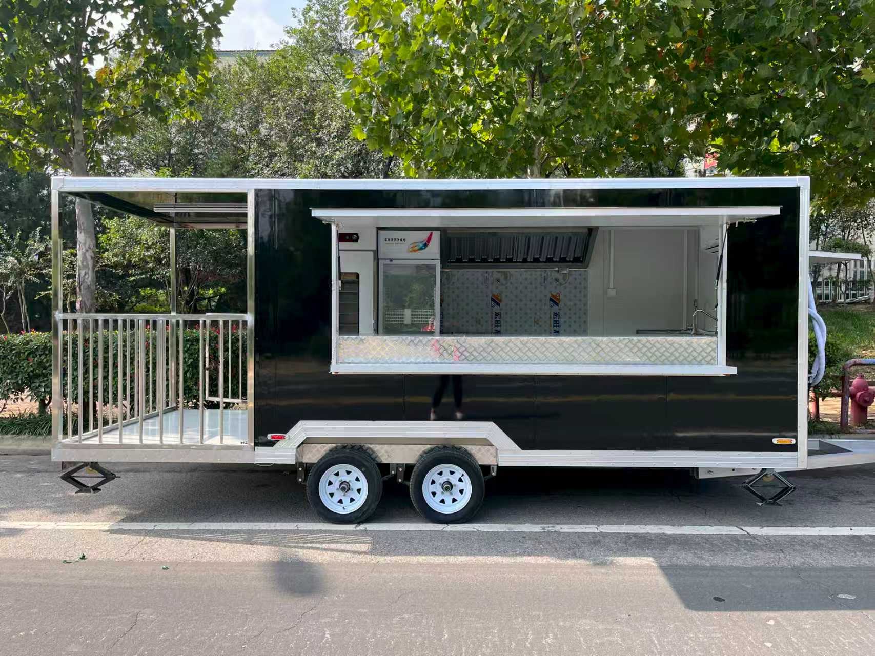 High-end black mirrored mobile food cart, multi-functional outdoor food trailer, commercial catering mobile stall