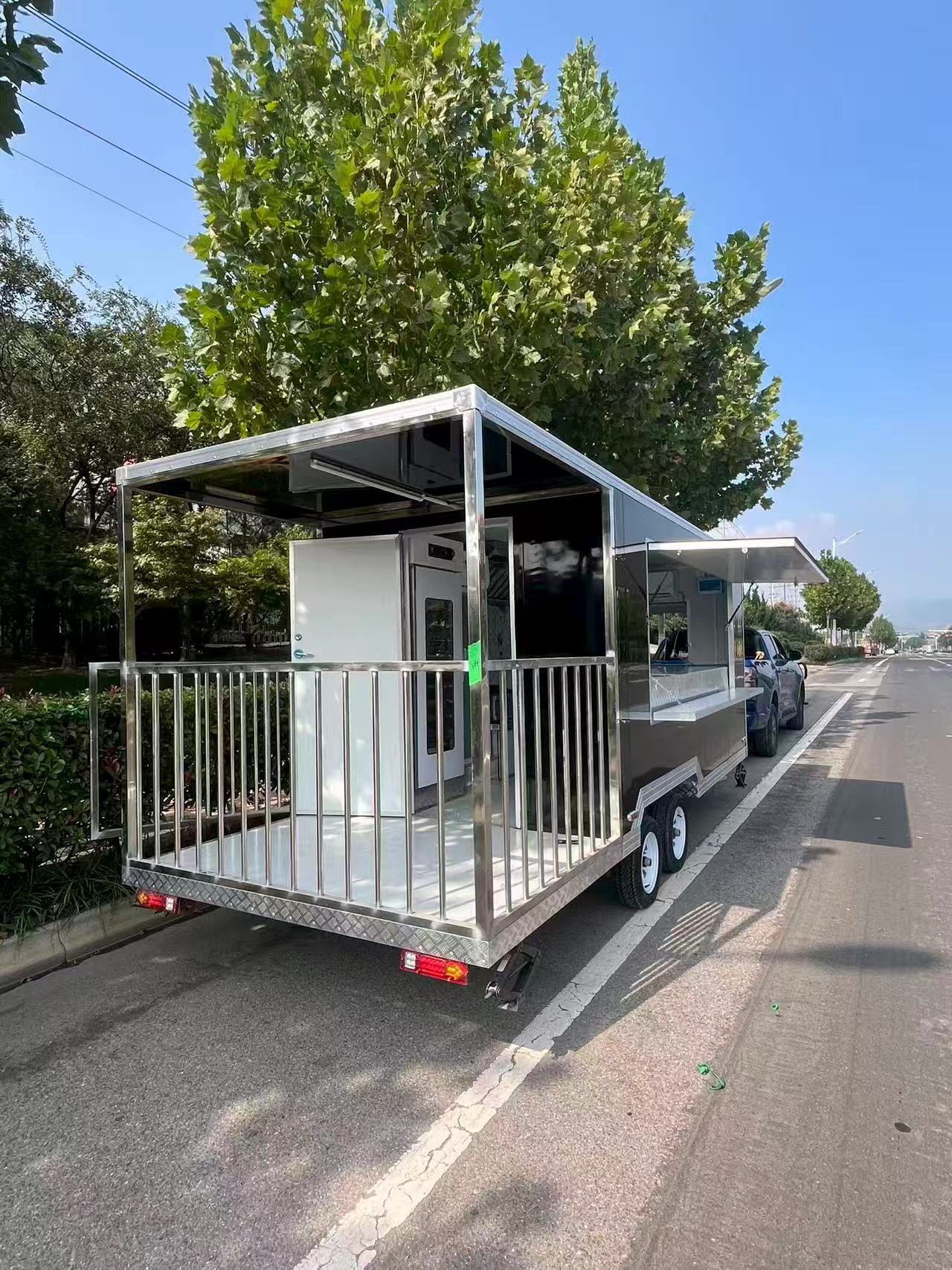 High-end black mirrored mobile food cart, multi-functional outdoor food trailer, commercial catering mobile stall