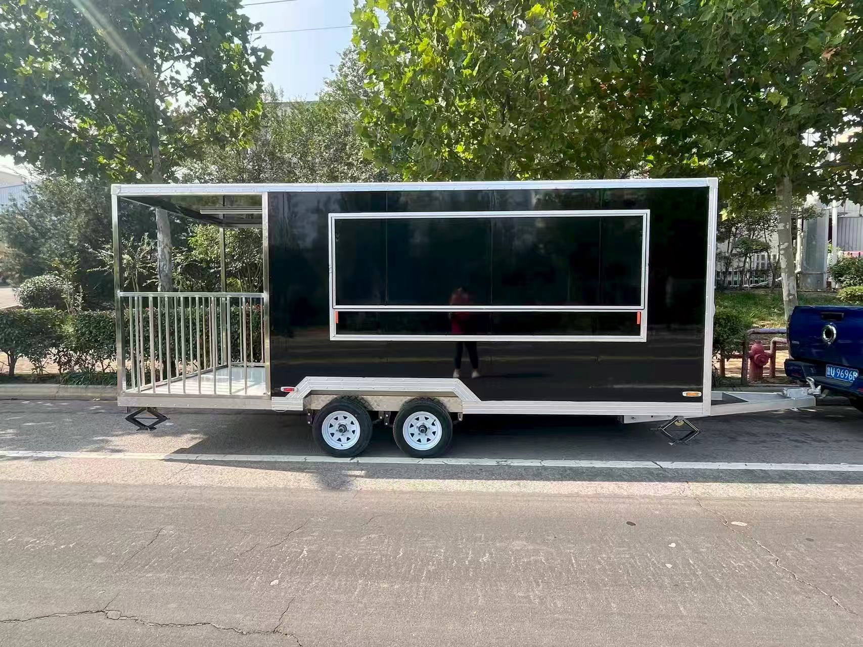 High-end black mirrored mobile food cart, multi-functional outdoor food trailer, commercial catering mobile stall