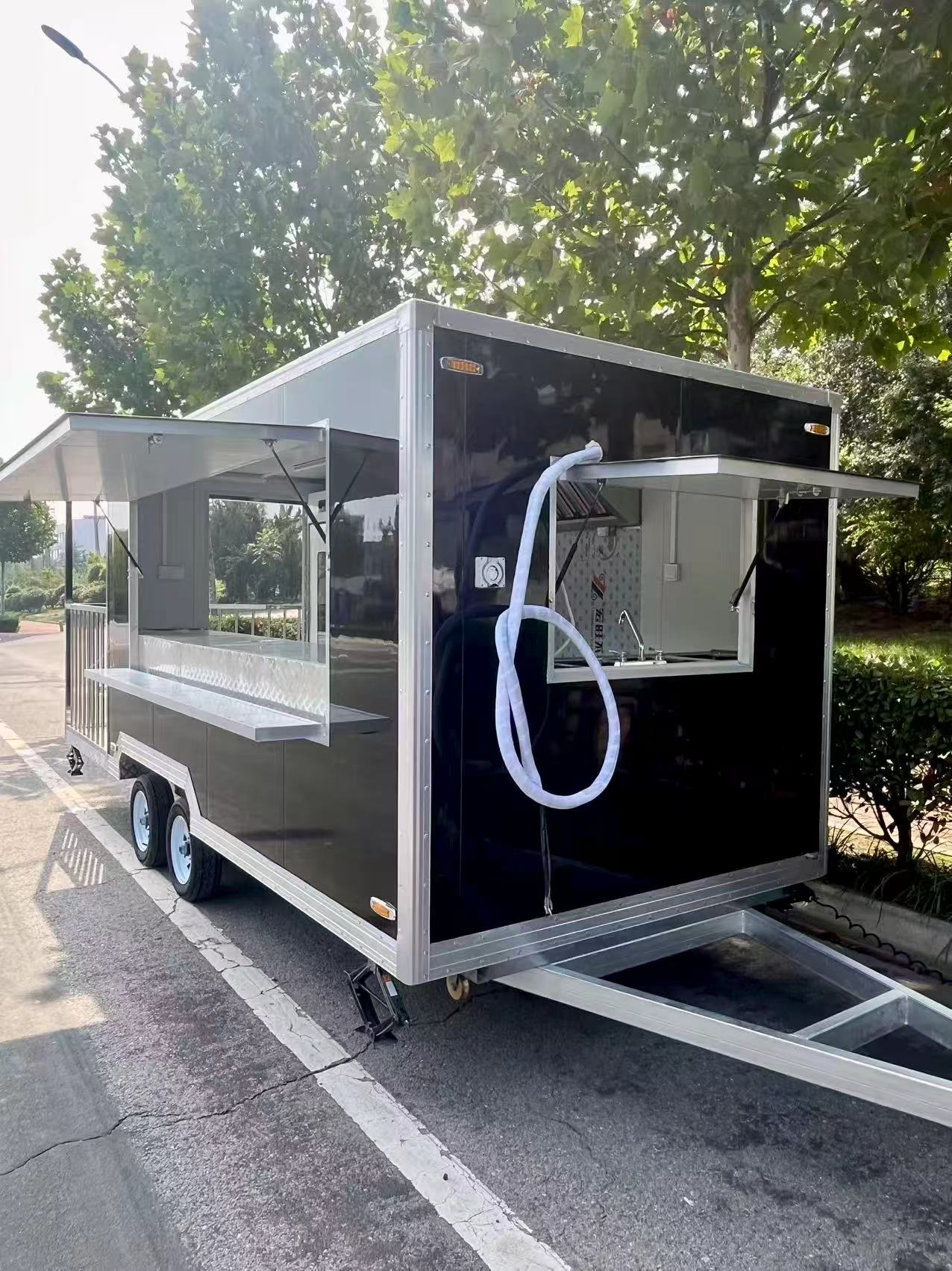 High-end black mirrored mobile food cart, multi-functional outdoor food trailer, commercial catering mobile stall