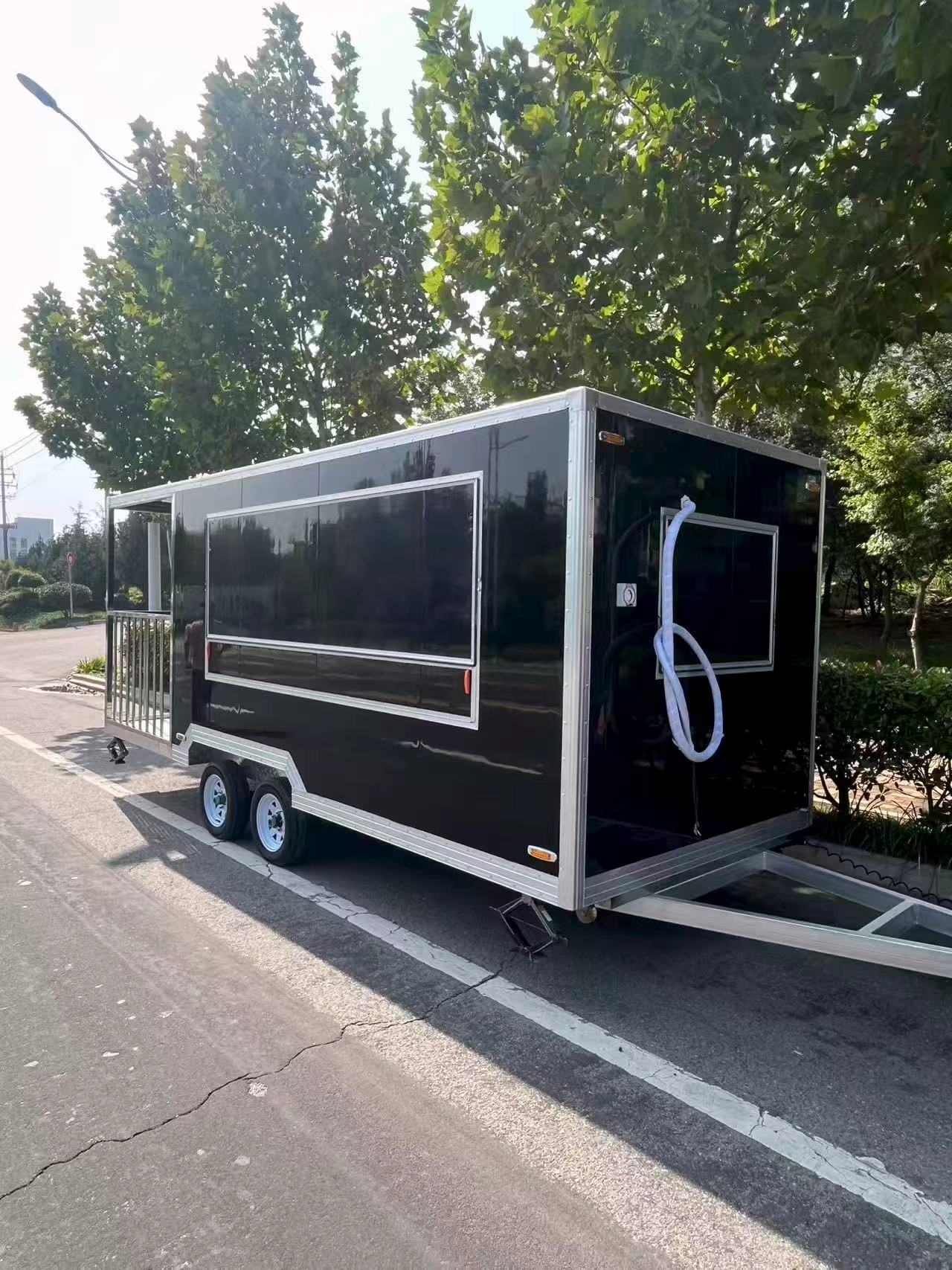 High-end black mirrored mobile food cart, multi-functional outdoor food trailer, commercial catering mobile stall