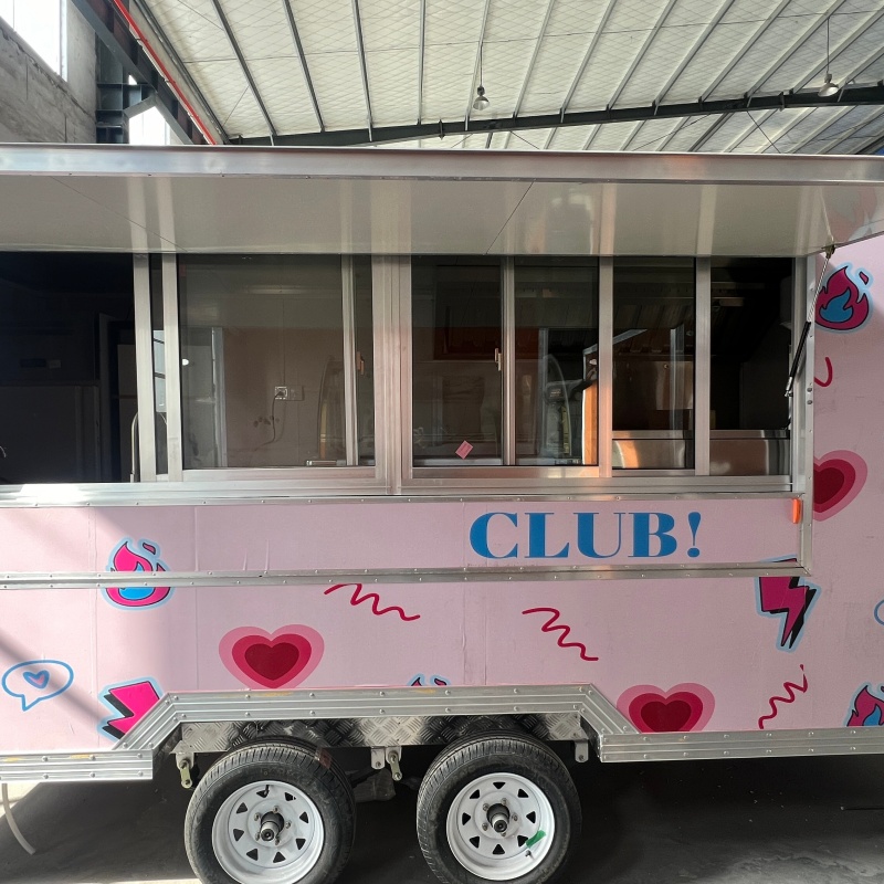 Pink cartoon snack trailer, mobile food truck, stall cart, customized pattern commercial mobile selling vehicle