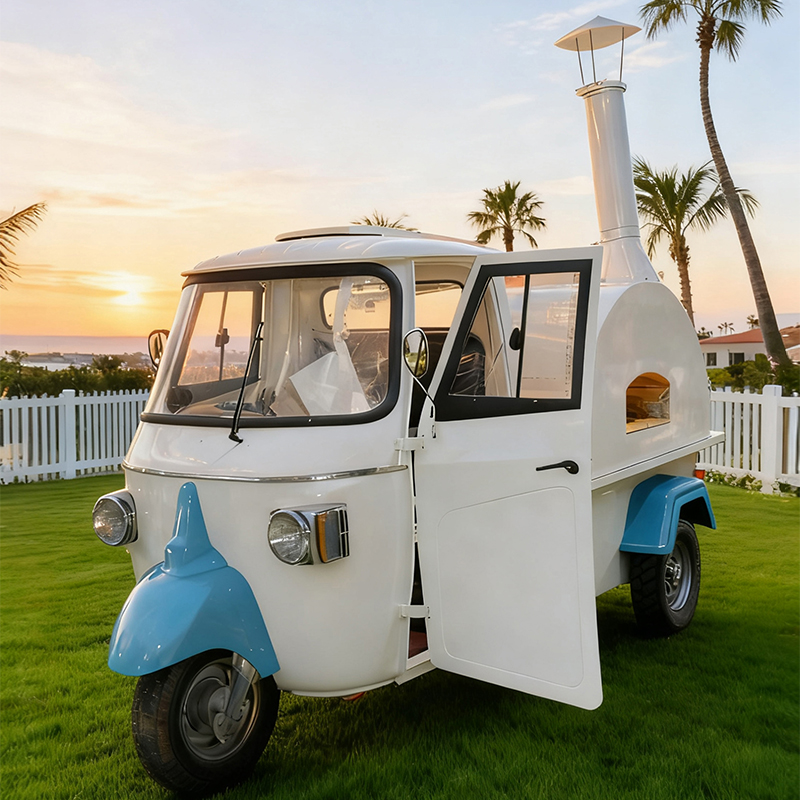 Retro three-wheeled pizza snack cart, mobile commercial freshly baked pizza food cart with oven, mobile vending cart