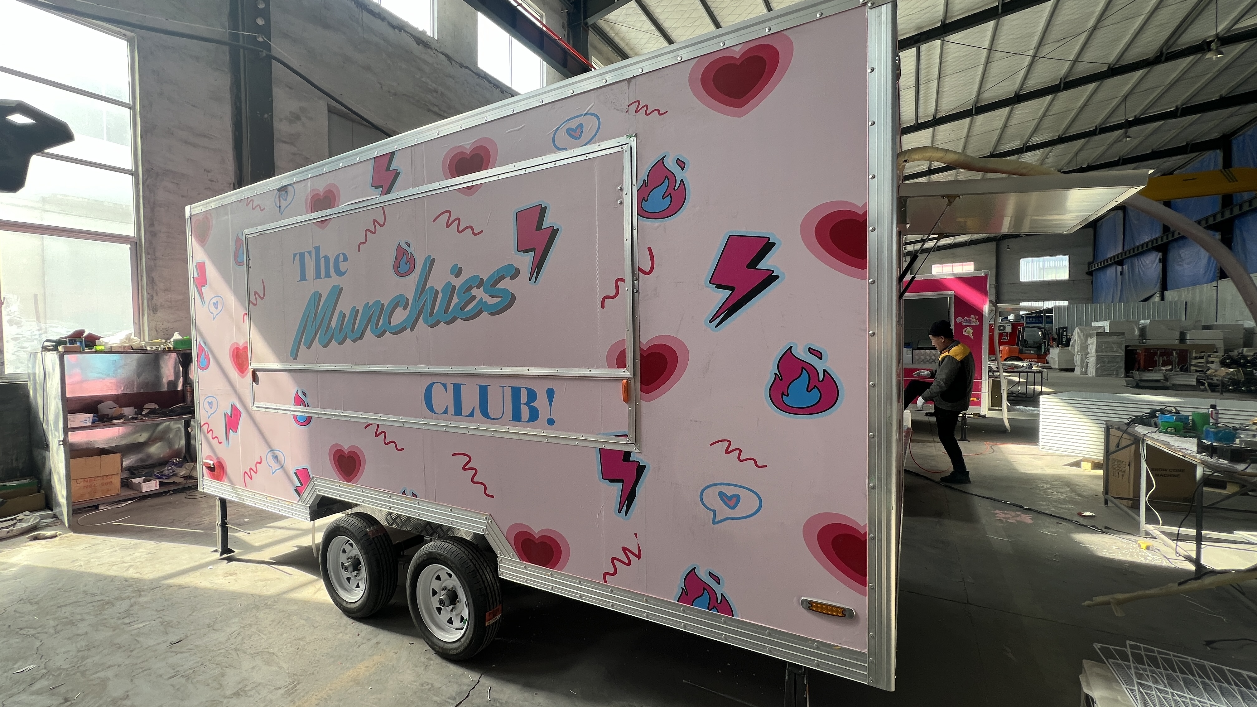 Pink cartoon snack trailer, mobile food truck, stall cart, customized pattern commercial mobile selling vehicle