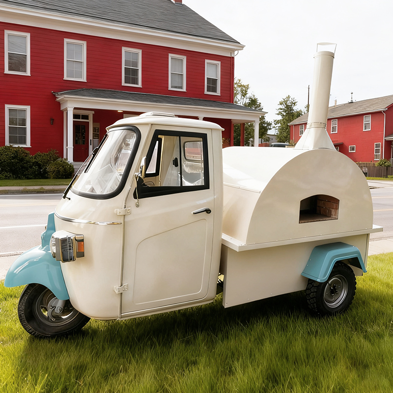Retro three-wheeled pizza snack cart, mobile commercial freshly baked pizza food cart with oven, mobile vending cart