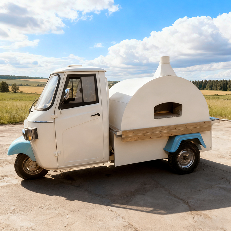 Retro three-wheeled pizza snack cart, mobile commercial freshly baked pizza food cart with oven, mobile vending cart
