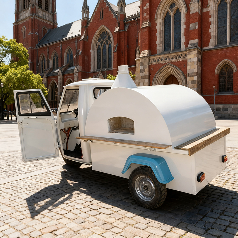 Retro three-wheeled pizza snack cart, mobile commercial freshly baked pizza food cart with oven, mobile vending cart