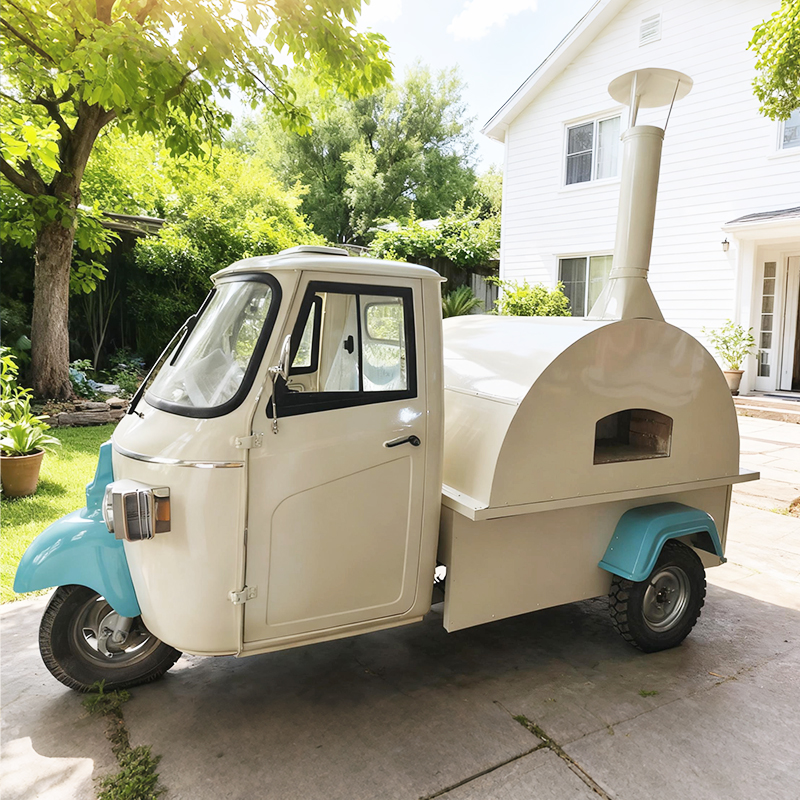 Retro three-wheeled pizza snack cart, mobile commercial freshly baked pizza food cart with oven, mobile vending cart