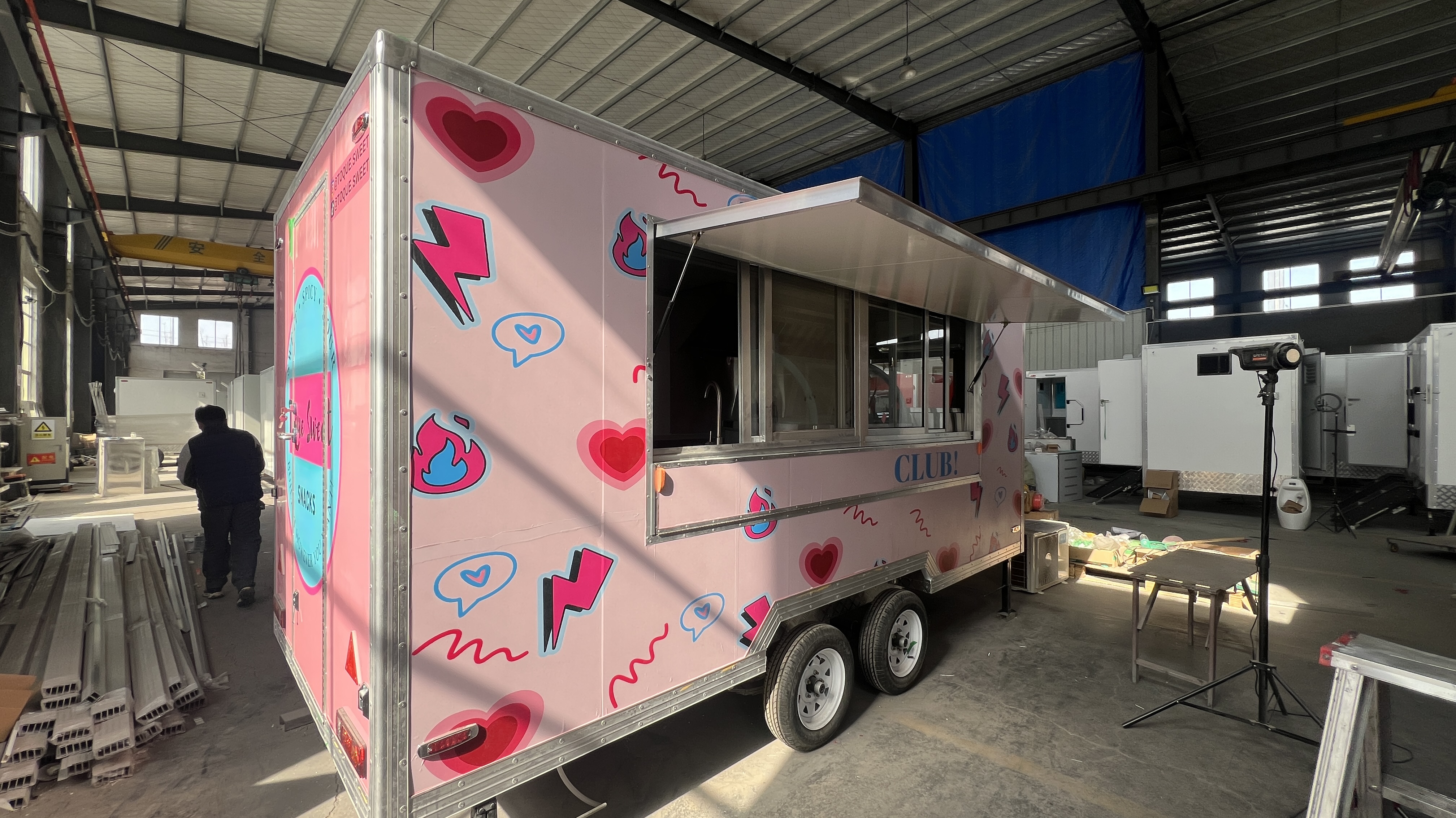 Pink cartoon snack trailer, mobile food truck, stall cart, customized pattern commercial mobile selling vehicle