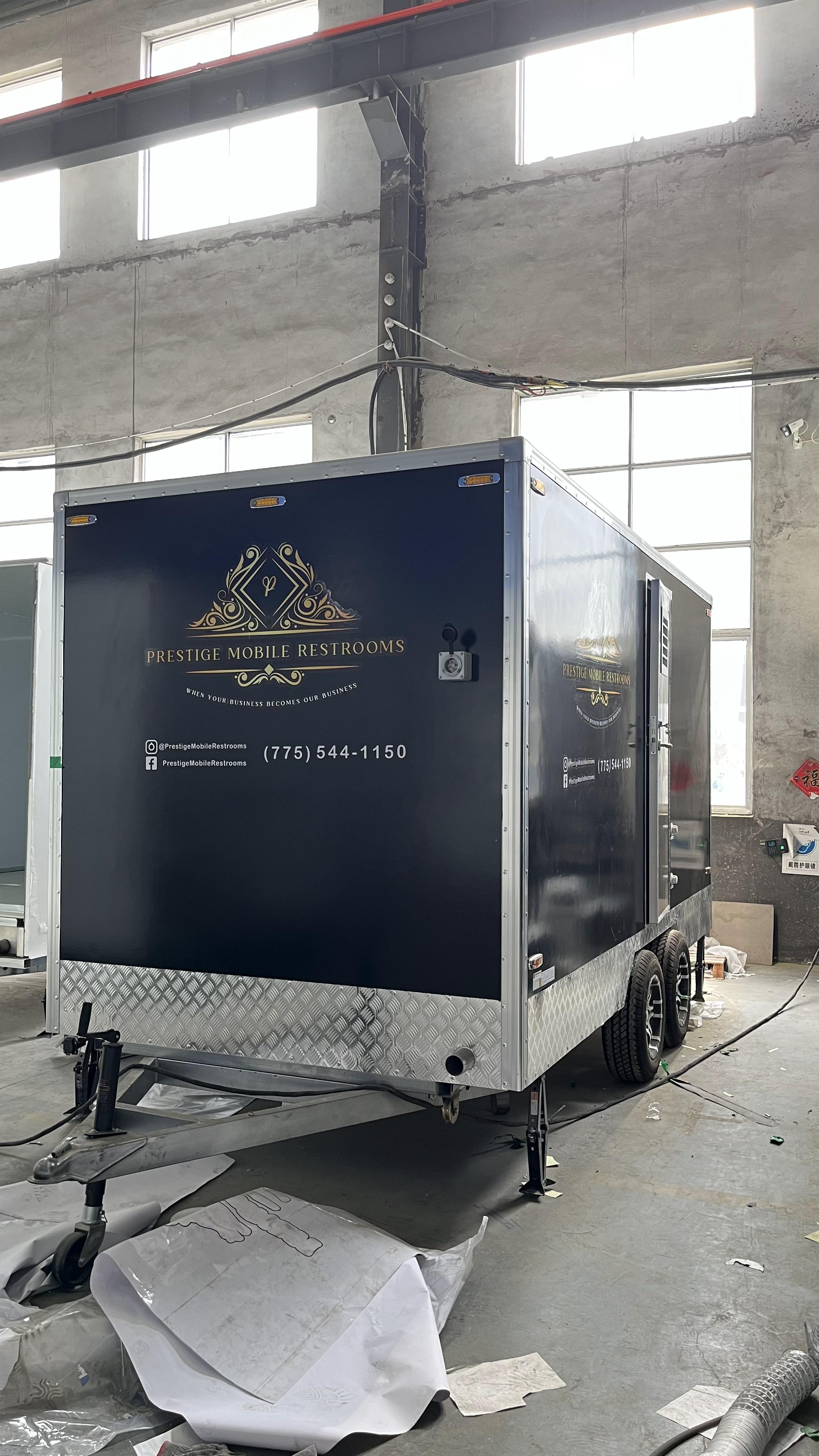 High-end mobile toilet trailer with staircase design. Commercial-grade mobile toilets are suitable for scenarios such as weddings, exhibitions, and celebrations