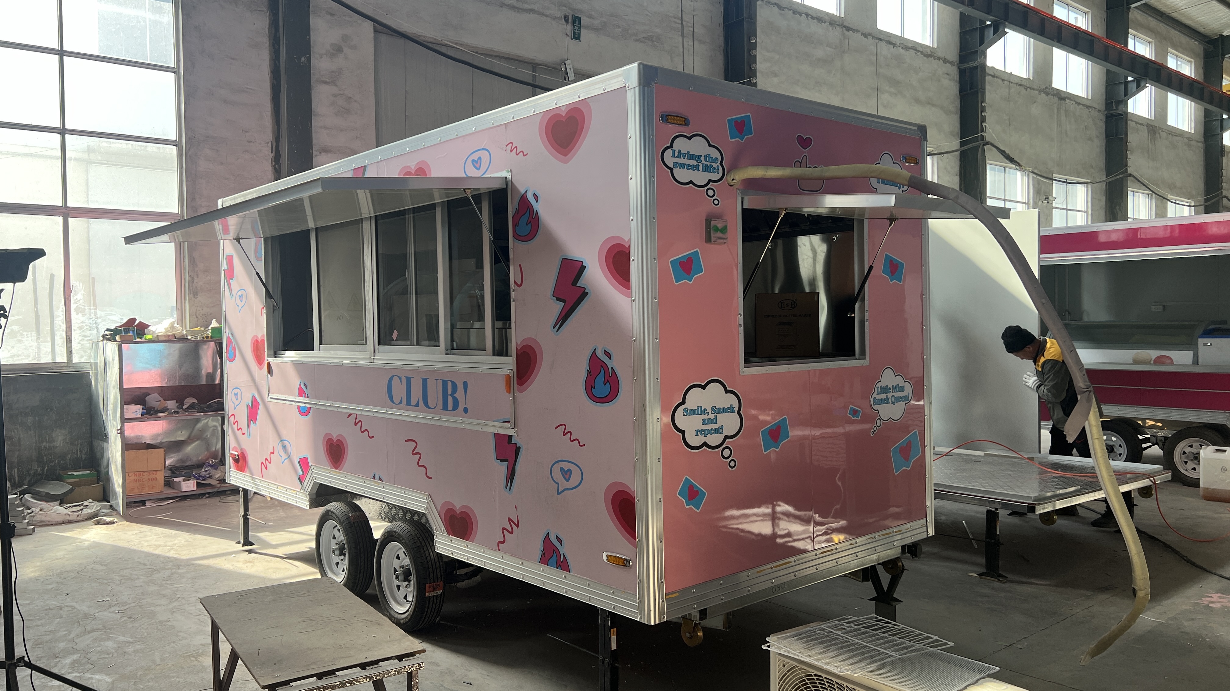 Pink cartoon snack trailer, mobile food truck, stall cart, customized pattern commercial mobile selling vehicle