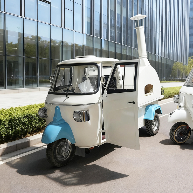 Retro three-wheeled pizza snack cart, mobile commercial freshly baked pizza food cart with oven, mobile vending cart