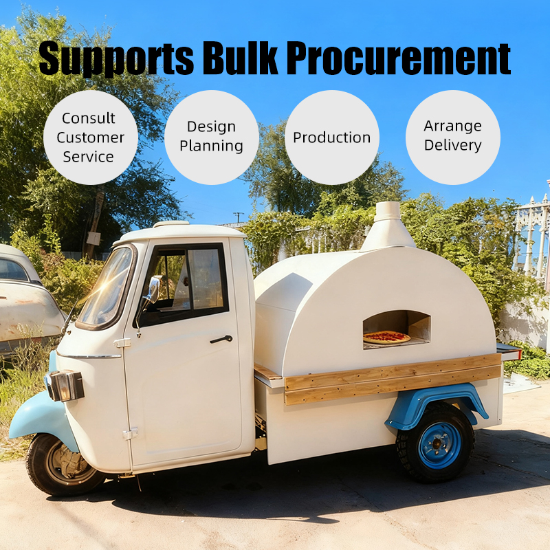 Retro three-wheeled pizza snack cart, mobile commercial freshly baked pizza food cart with oven, mobile vending cart