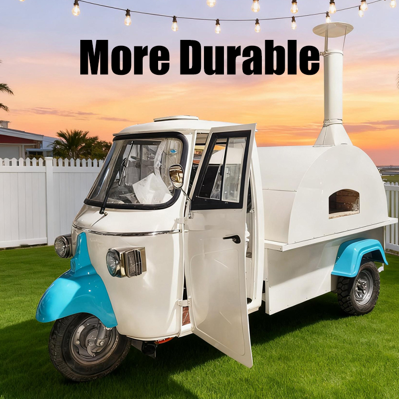 Retro three-wheeled pizza snack cart, mobile commercial freshly baked pizza food cart with oven, mobile vending cart