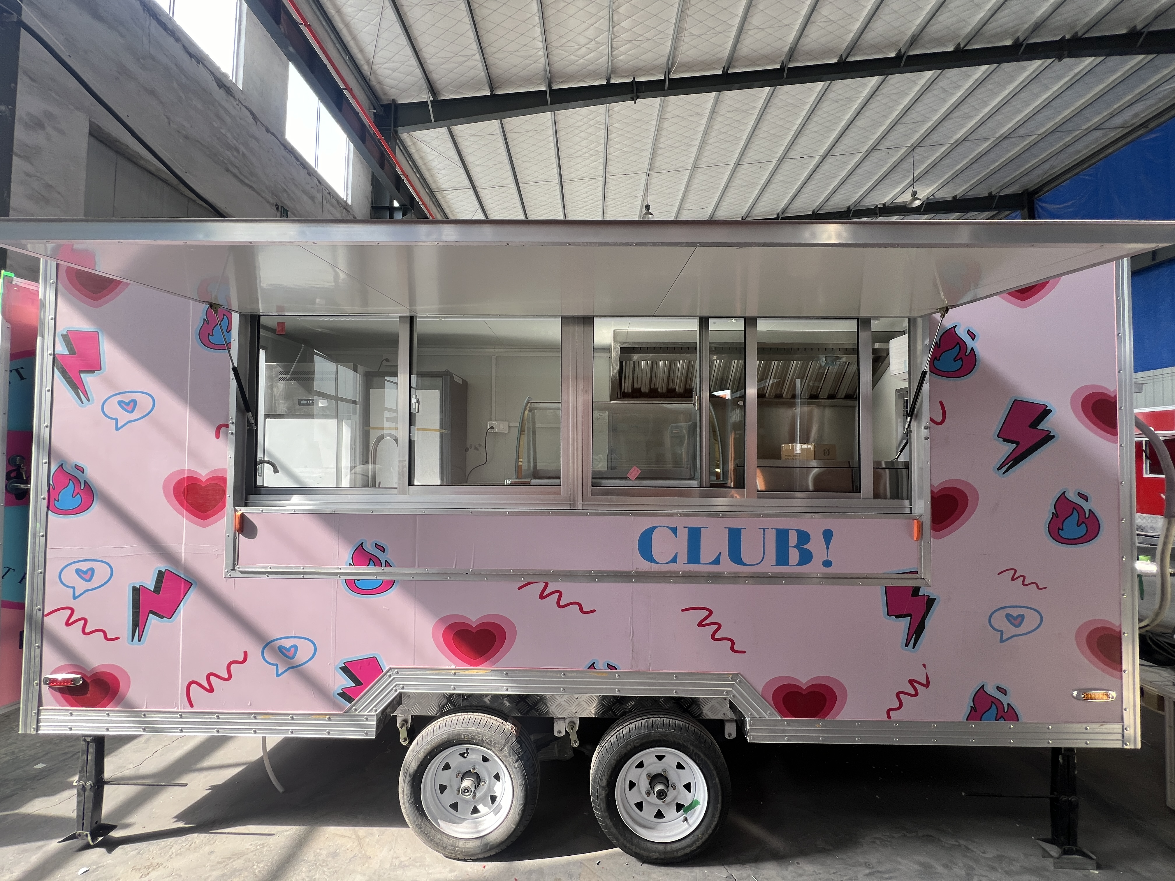 Pink cartoon snack trailer, mobile food truck, stall cart, customized pattern commercial mobile selling vehicle