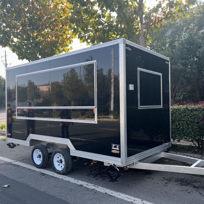 Black fashion mobile food truck, commercial multi-functional snack truck, outdoor market fast food sales trailer