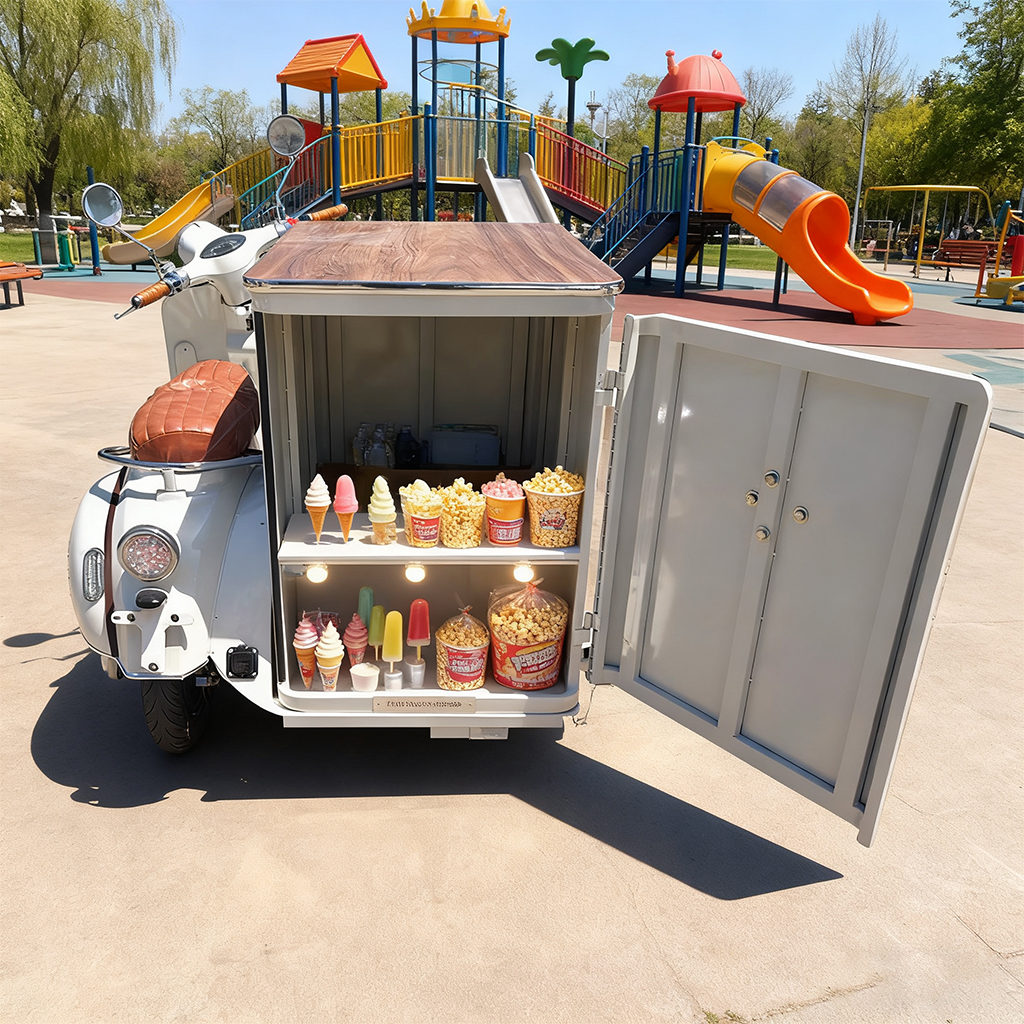 Retro cartoon electric vending cart, ice cream and snack stall tricycle, customizable refrigeration function mobile sales equipment