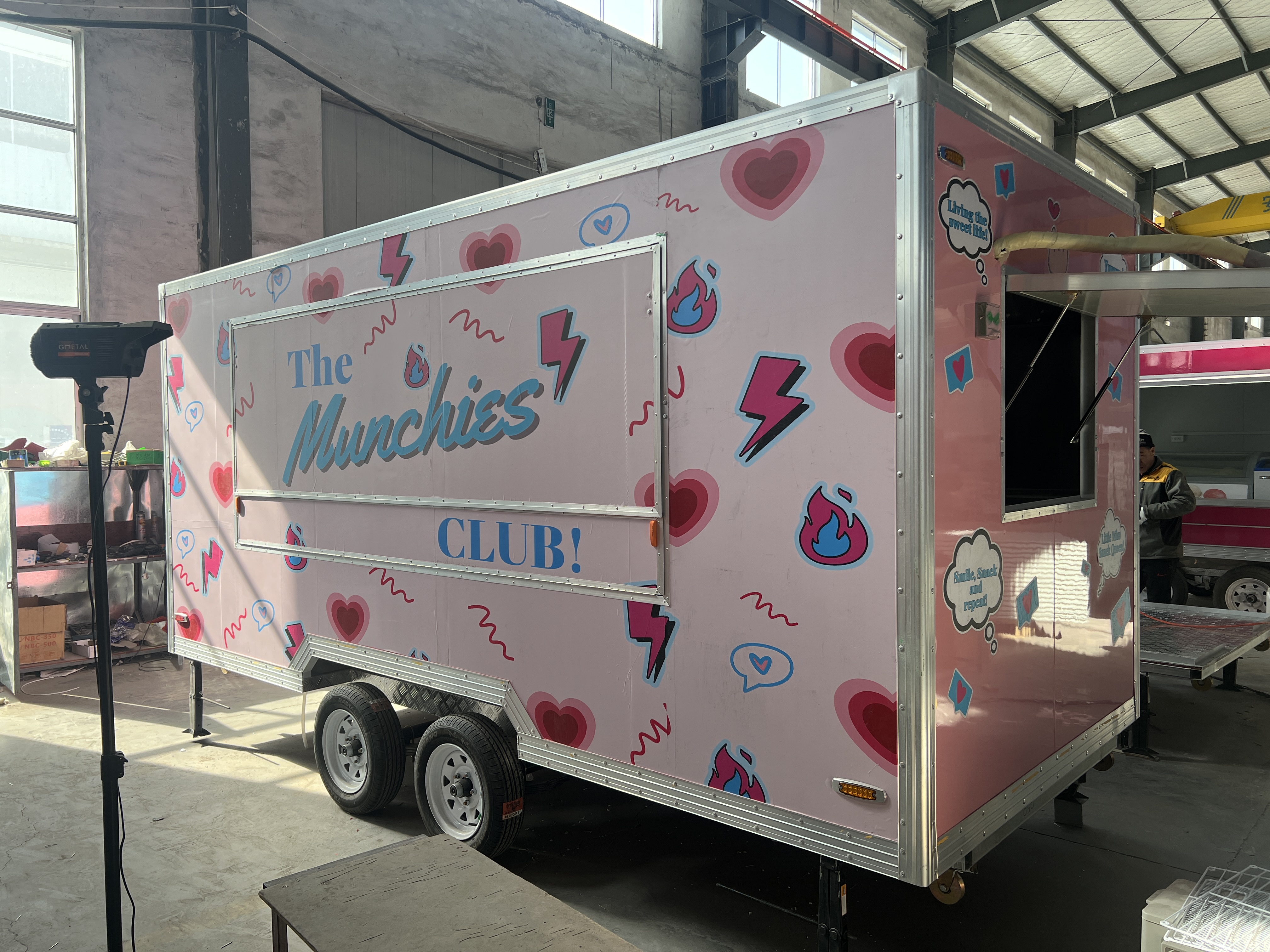 Pink cartoon snack trailer, mobile food truck, stall cart, customized pattern commercial mobile selling vehicle