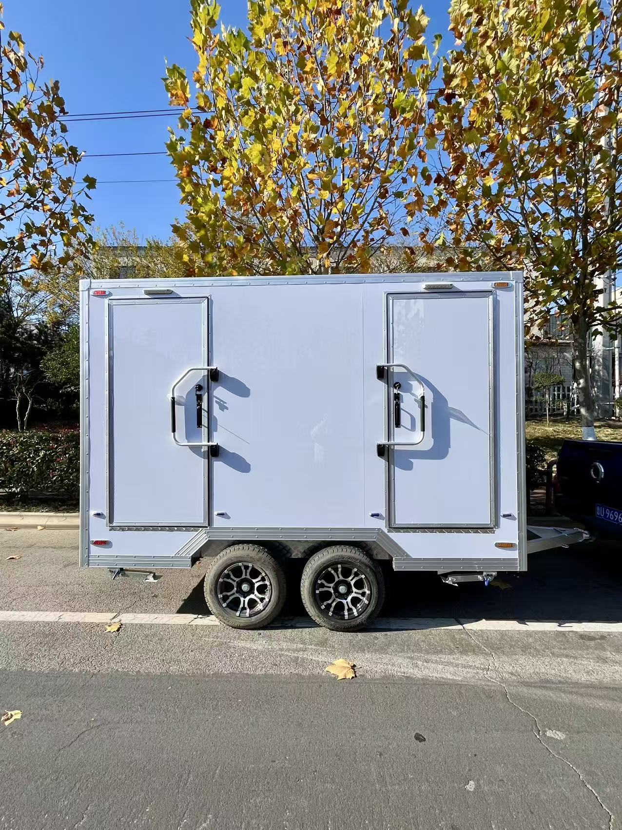 Mobile Dual-Stall Restroom Trailer - Portable 2-Compartment Toilet Unit for Weddings, Festivals & Construction Sites (Towable, Durable Exterior)