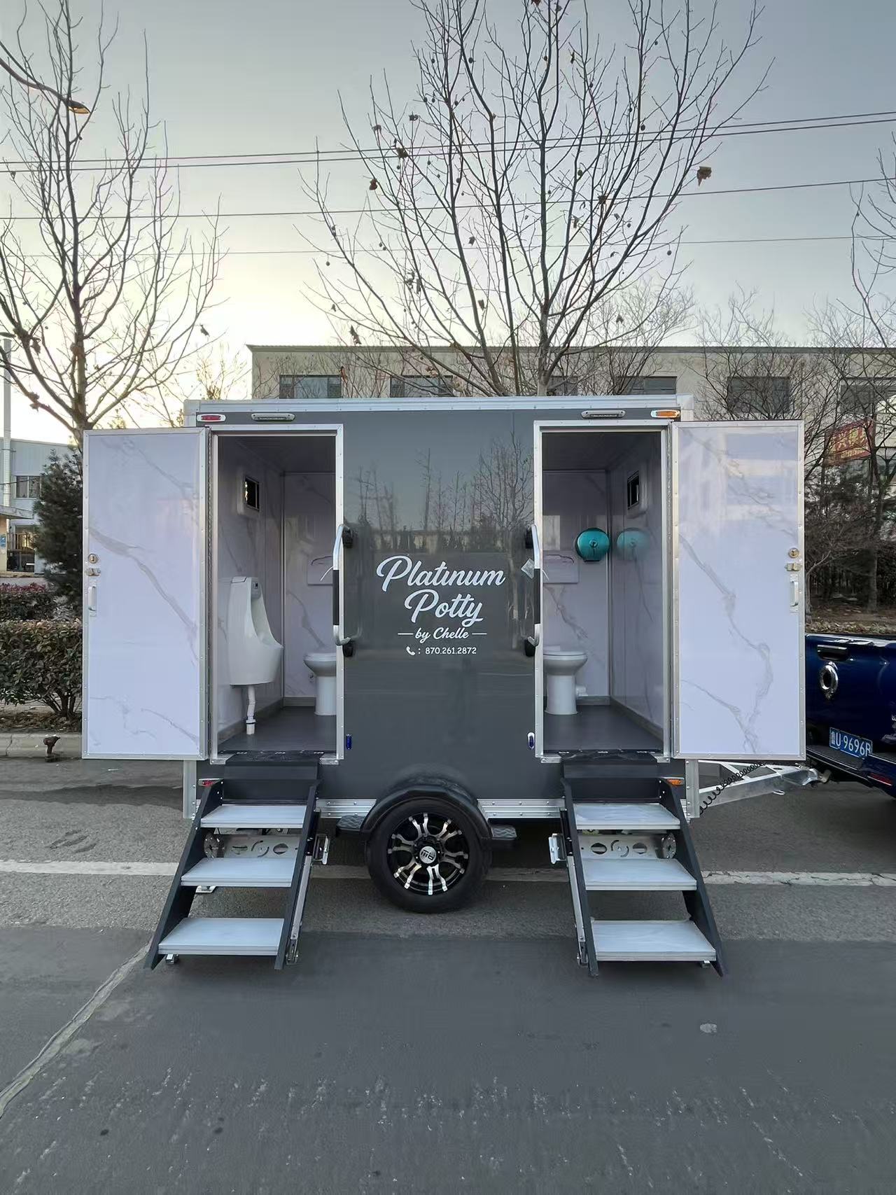 Grey high-end mobile toilet trailer: towed portable activity/camping public toilet equipment