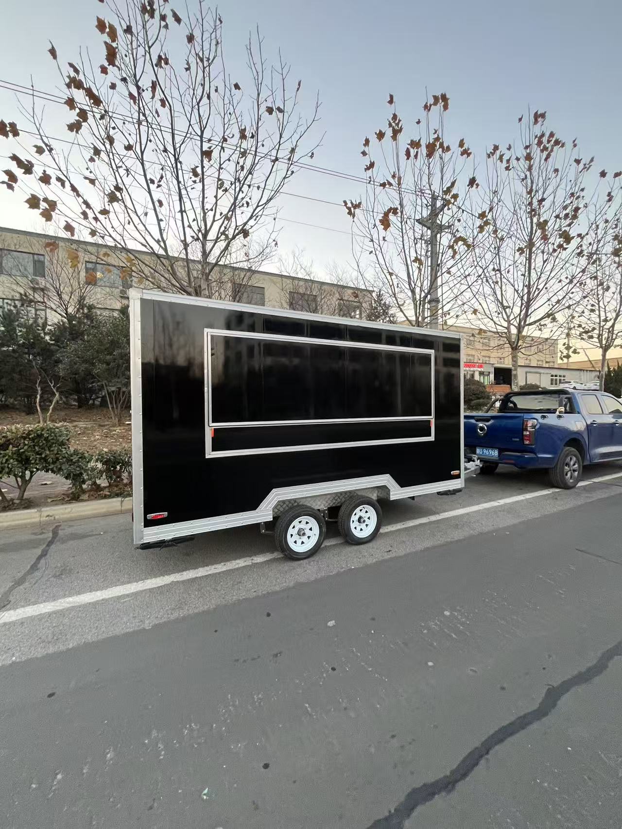 Trailer-type black mobile food truck, commercial multi-functional street food cart, coffee and milk tea mobile vending cart