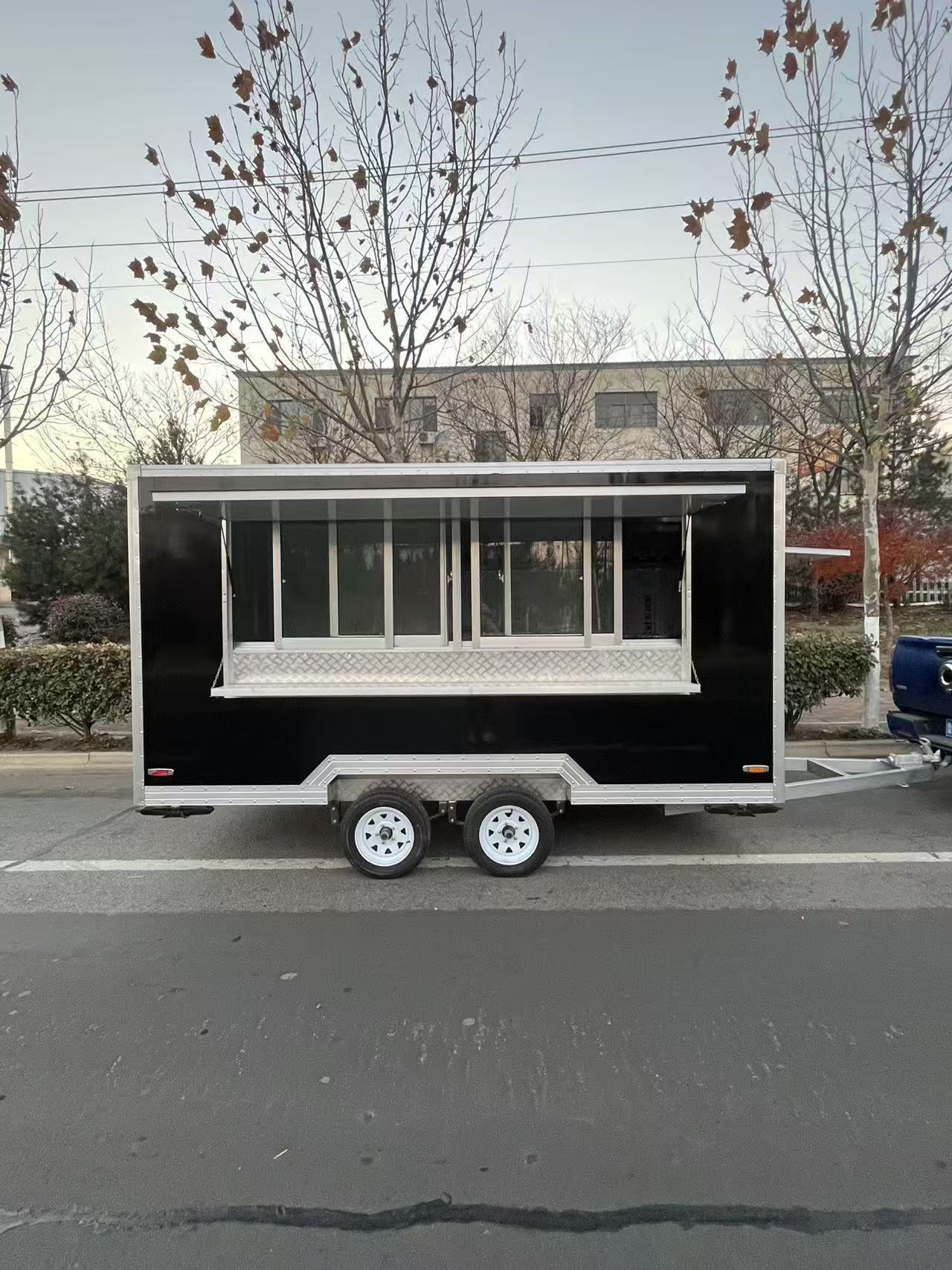 Trailer-type black mobile food truck, commercial multi-functional street food cart, coffee and milk tea mobile vending cart