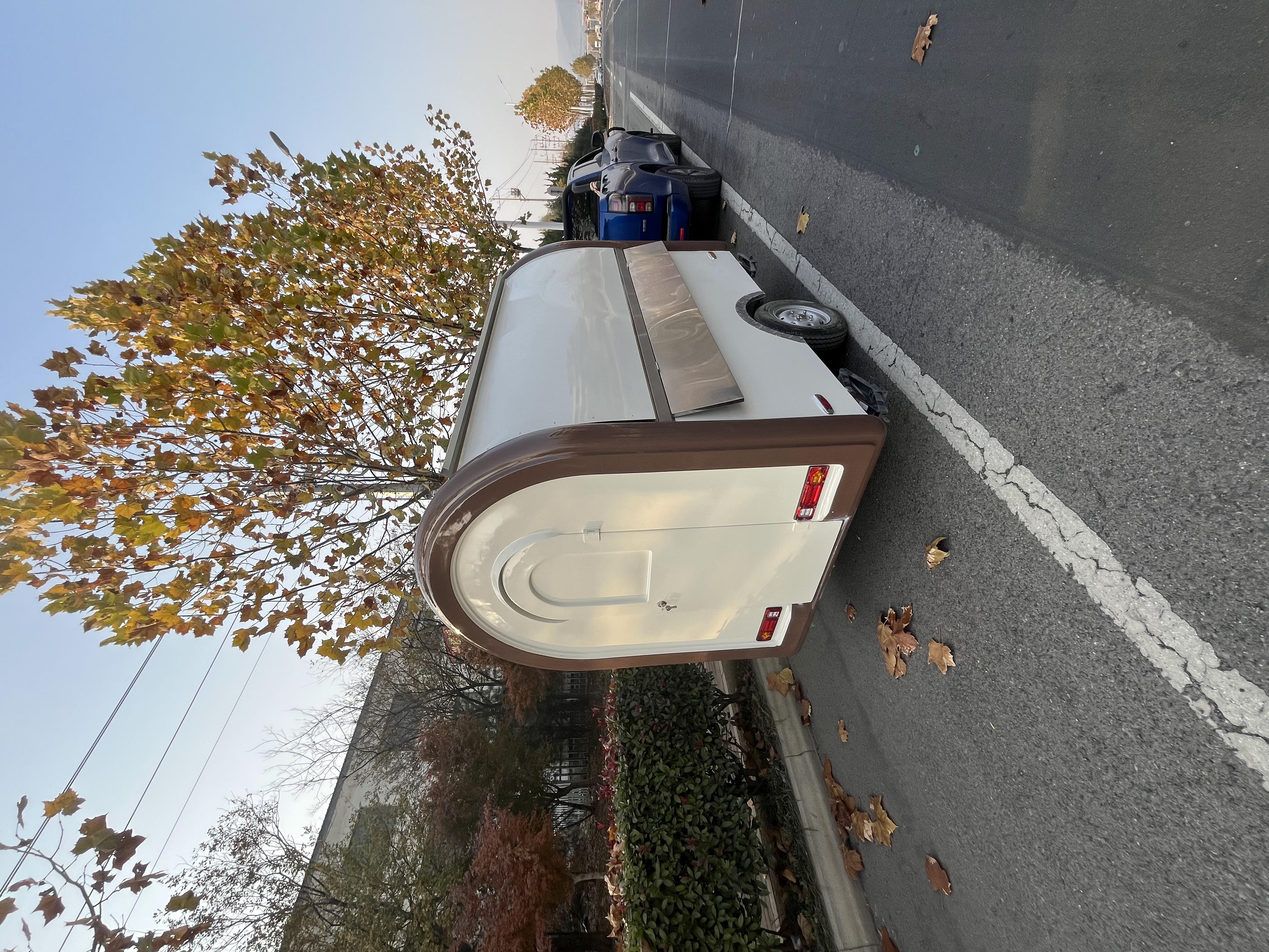 Arc-Style Brown & White Mobile Concession Trailer | Transparent Service Window Towable Food Vendor Cart