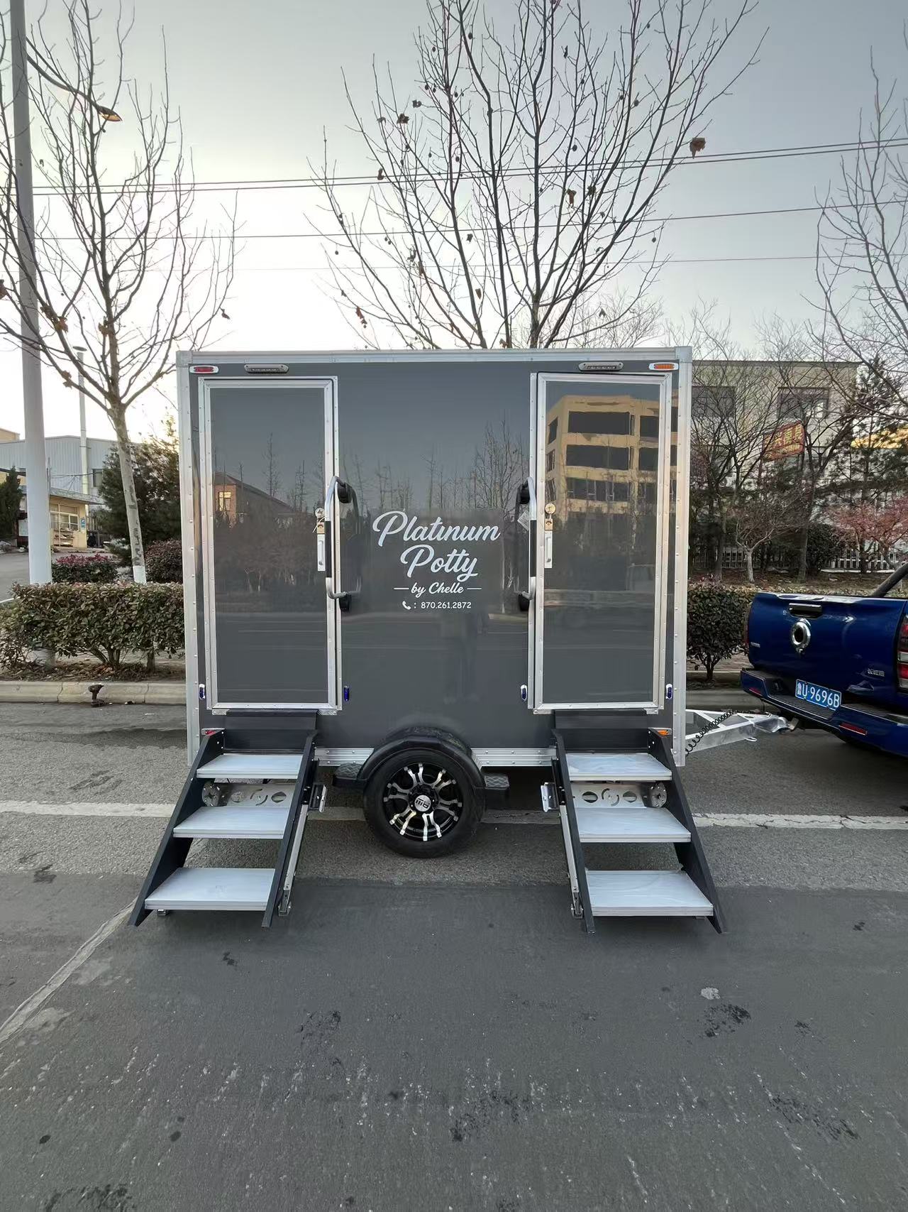 Grey high-end mobile toilet trailer: towed portable activity/camping public toilet equipment