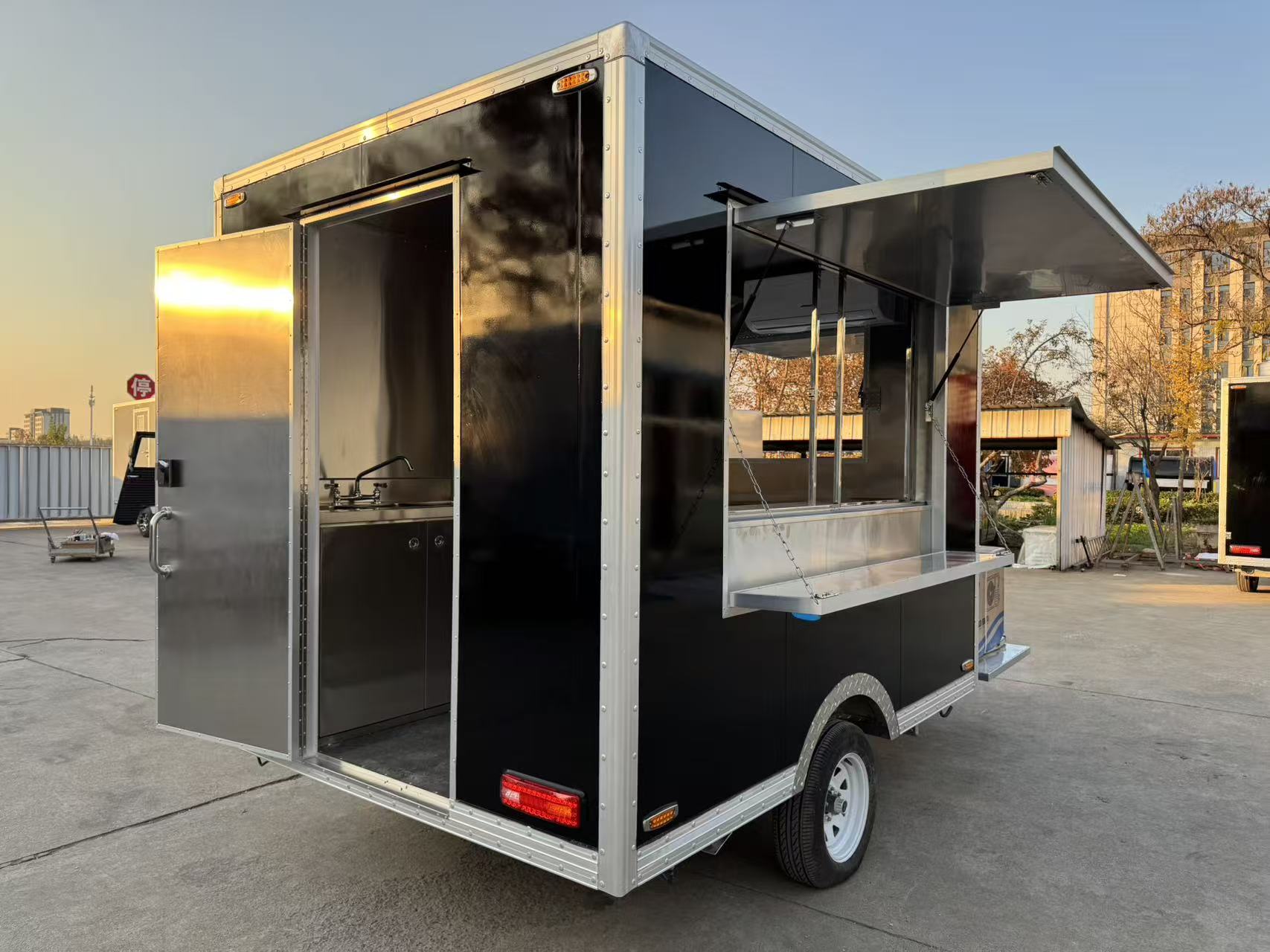 Street Food Event Black Square Mobile Food Trailer | Towable Concession Cart with Service Awning