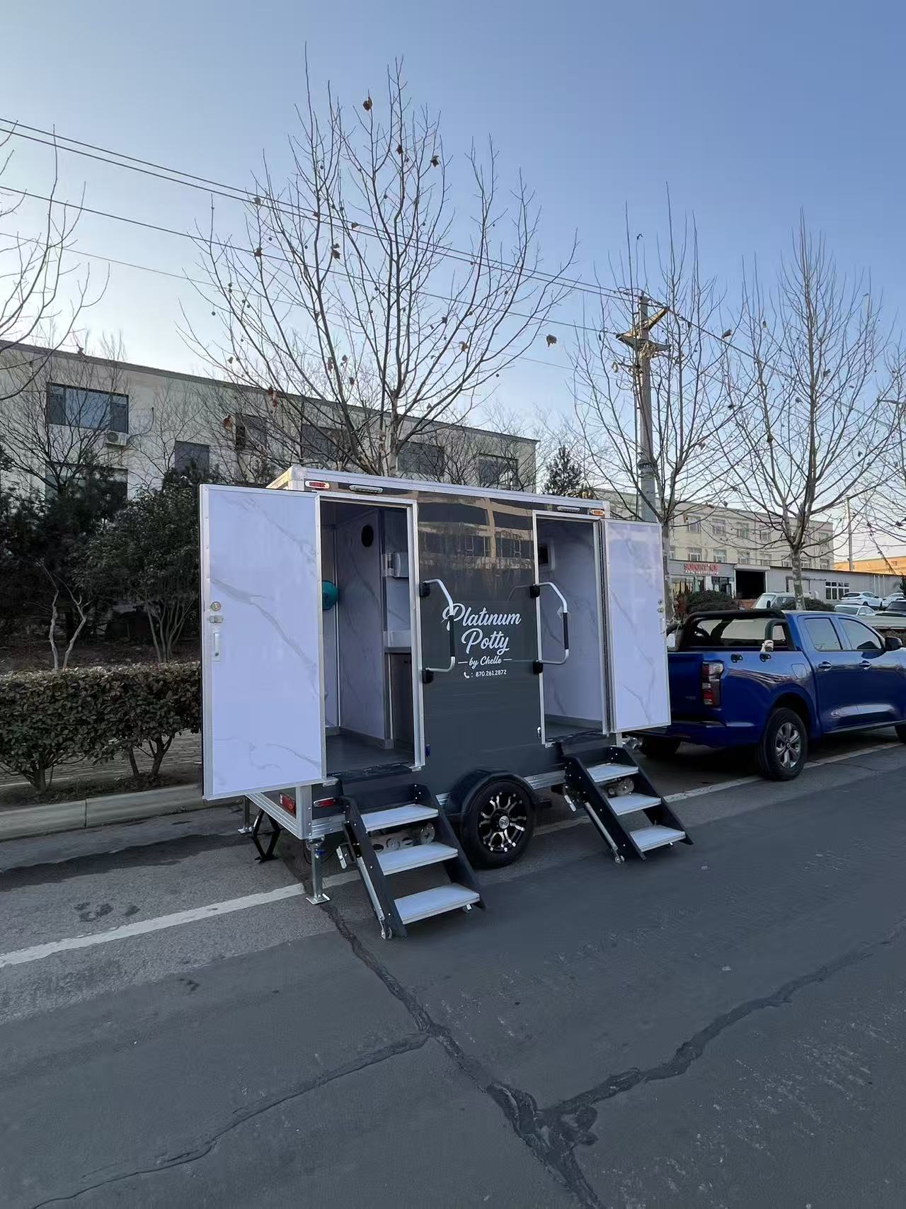 Grey high-end mobile toilet trailer: towed portable activity/camping public toilet equipment