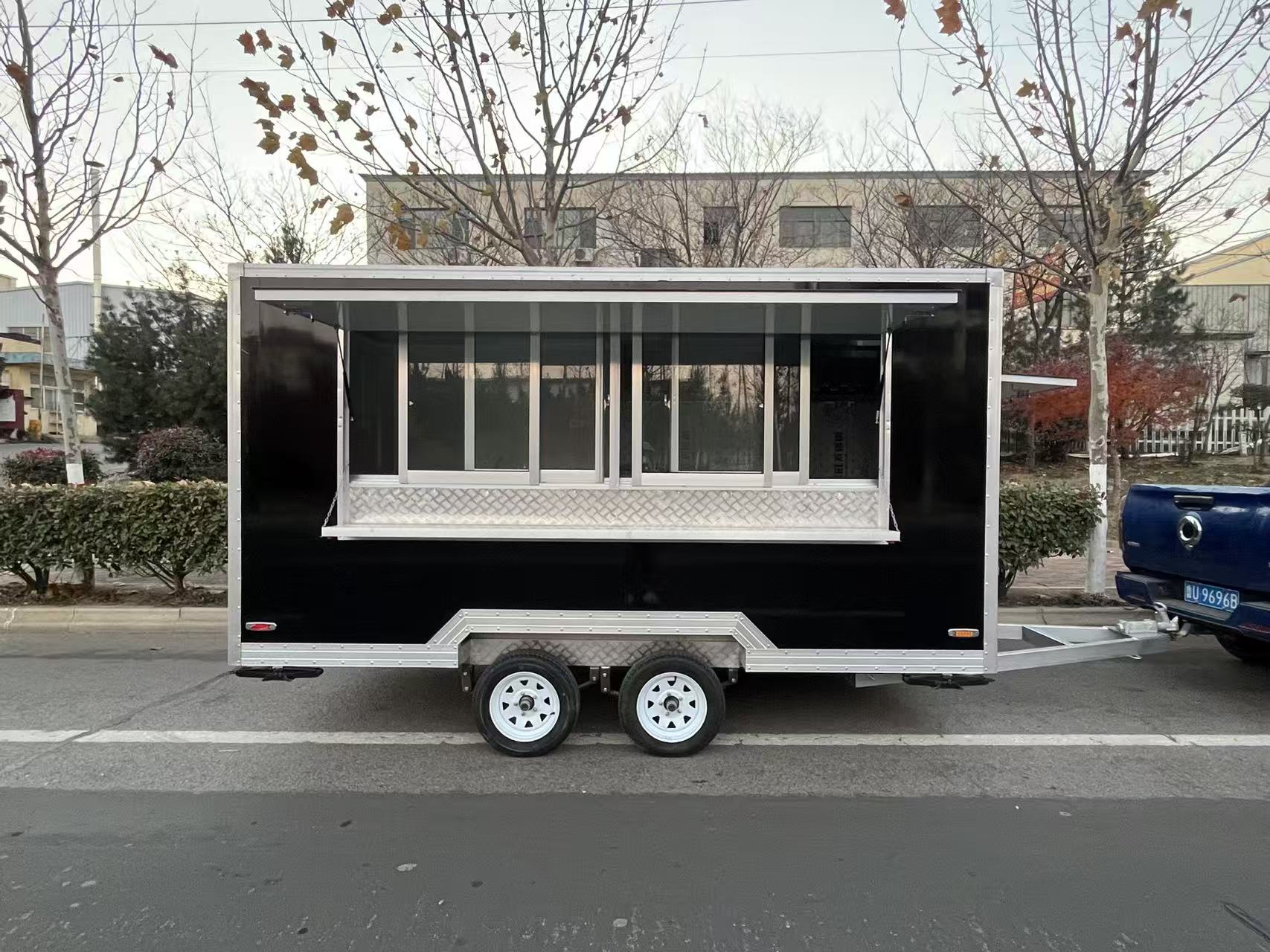 Trailer-type black mobile food truck, commercial multi-functional street food cart, coffee and milk tea mobile vending cart
