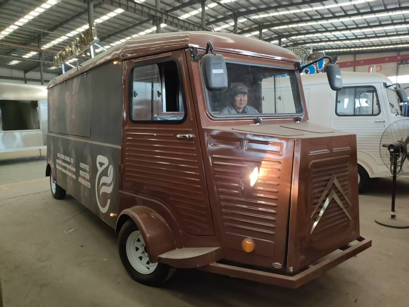 Retro Citroen-style mobile food truck, brown internet-famous snack cart, milk tea, coffee and hamburger mobile vending cart