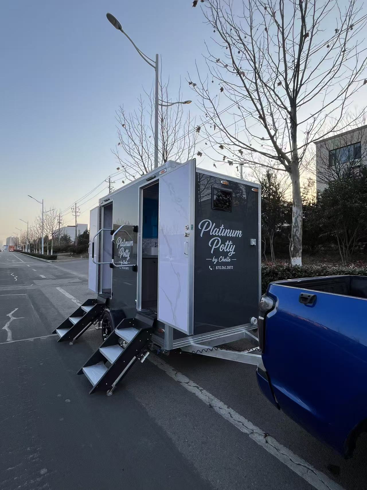 Grey high-end mobile toilet trailer: towed portable activity/camping public toilet equipment