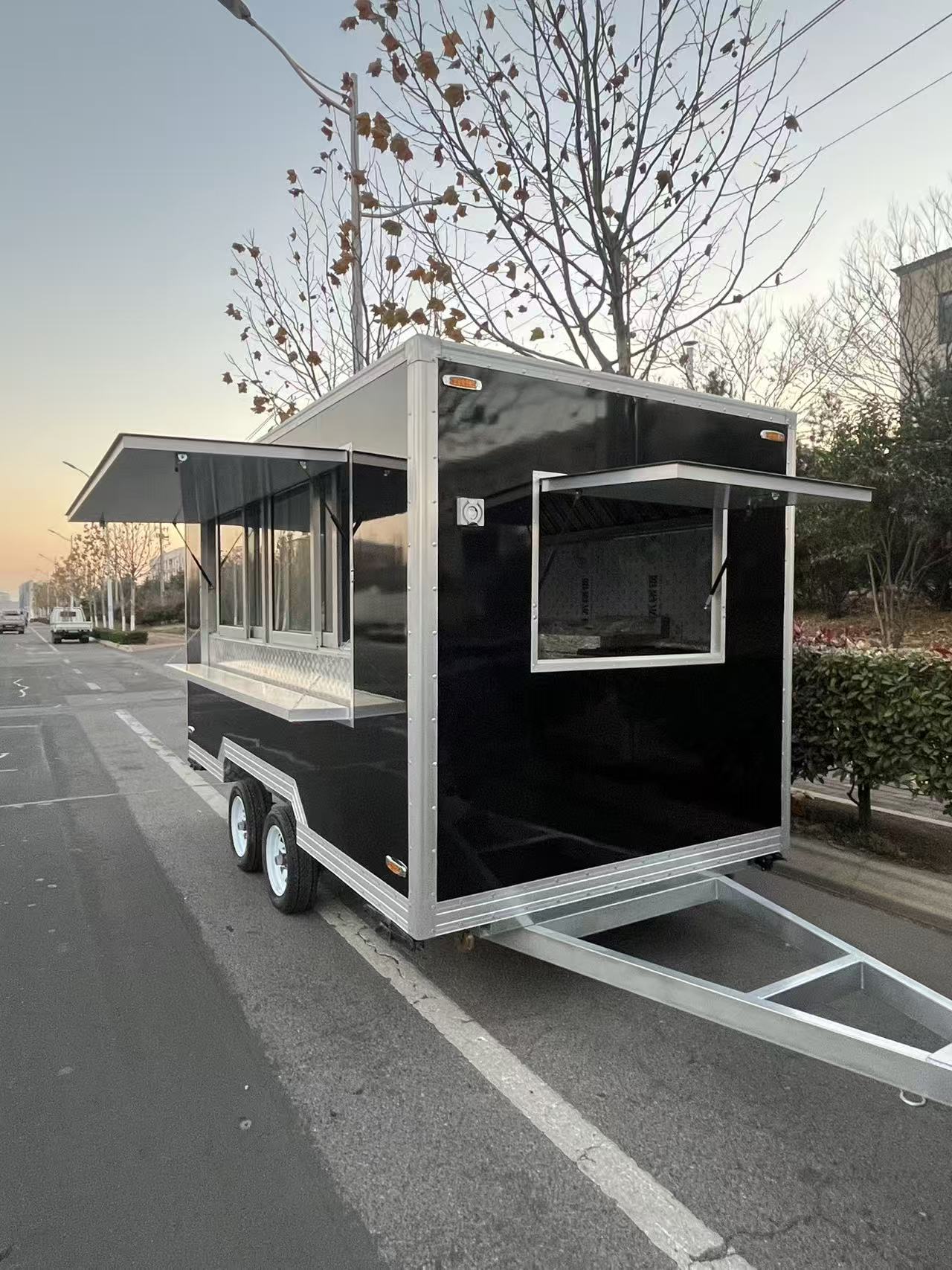 Trailer-type black mobile food truck, commercial multi-functional street food cart, coffee and milk tea mobile vending cart