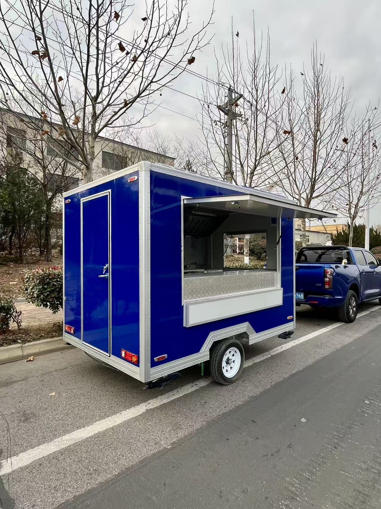 Vibrant Blue Compact Mobile Food Trailer – Portable Street Food Cart for Small Business