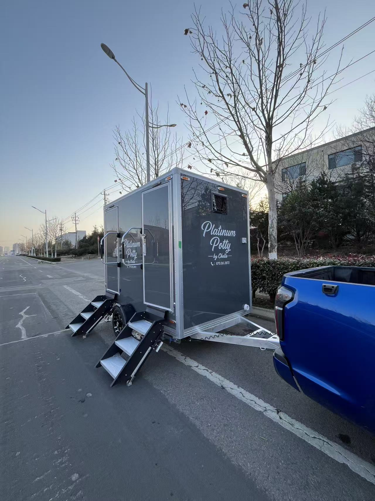 Grey high-end mobile toilet trailer: towed portable activity/camping public toilet equipment